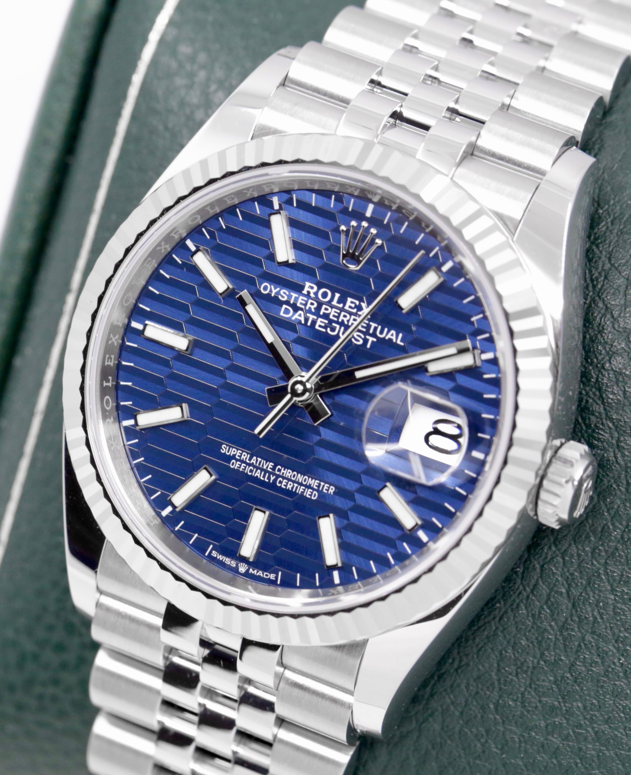 Rolex Oyster Perpetual Datejust 36, in Stainless Steel, Blue Fluted Motif Dial, 18ct White Gold Fluted Bezel, on Stainless Steel Rolex Jubilee Bracelet, Ref. 126234, Circa: 2023, Complete with Box, Books, Rolex Warranty Card & Balance of 5 Year Rolex Factory Warranty - Image 3