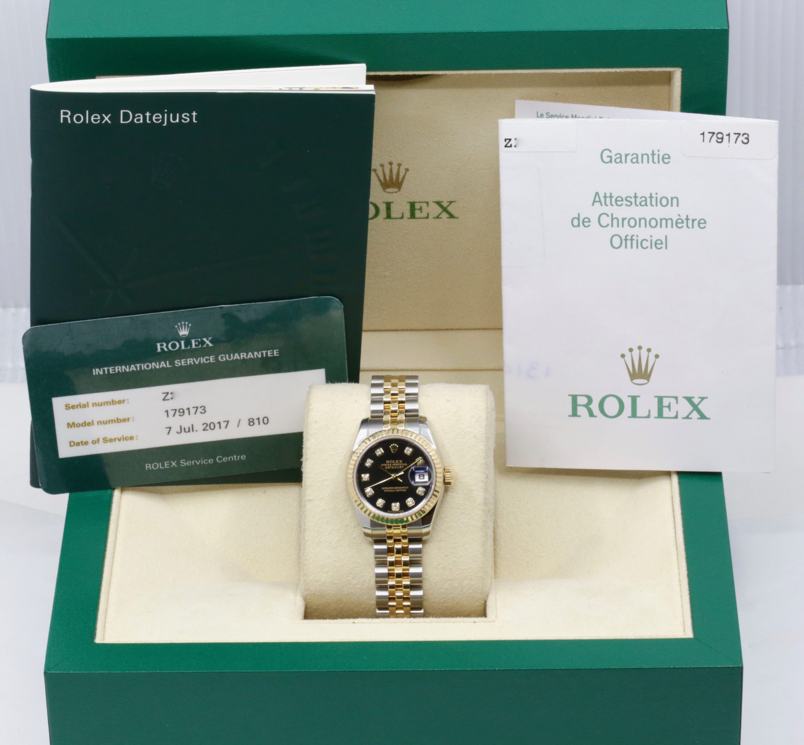 Rolex Lady Datejust 26, Stainless Steel & 18ct Yellow Gold, Black Factory Set Diamond Dial on Stainless Steel & 18ct Yellow Gold Rolex Jubilee Bracelet, Ref. 179713, Circa: 2007, with Box, Books, Rolex Warranty Certificate & Rolex Service Card Dated July 2017 - Image 8