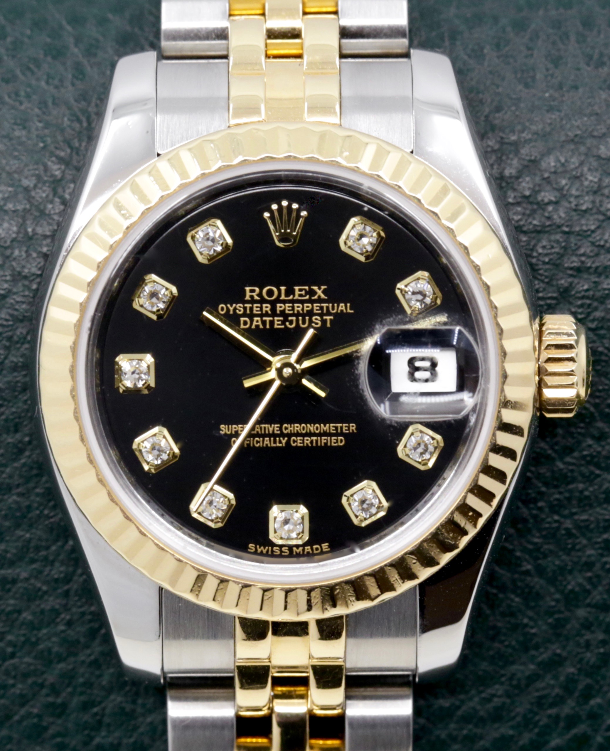 Rolex Lady Datejust 26, Stainless Steel & 18ct Yellow Gold, Black Factory Set Diamond Dial on Stainless Steel & 18ct Yellow Gold Rolex Jubilee Bracelet, Ref. 179713, Circa: 2007, with Box, Books, Rolex Warranty Certificate & Rolex Service Card Dated July 2017
