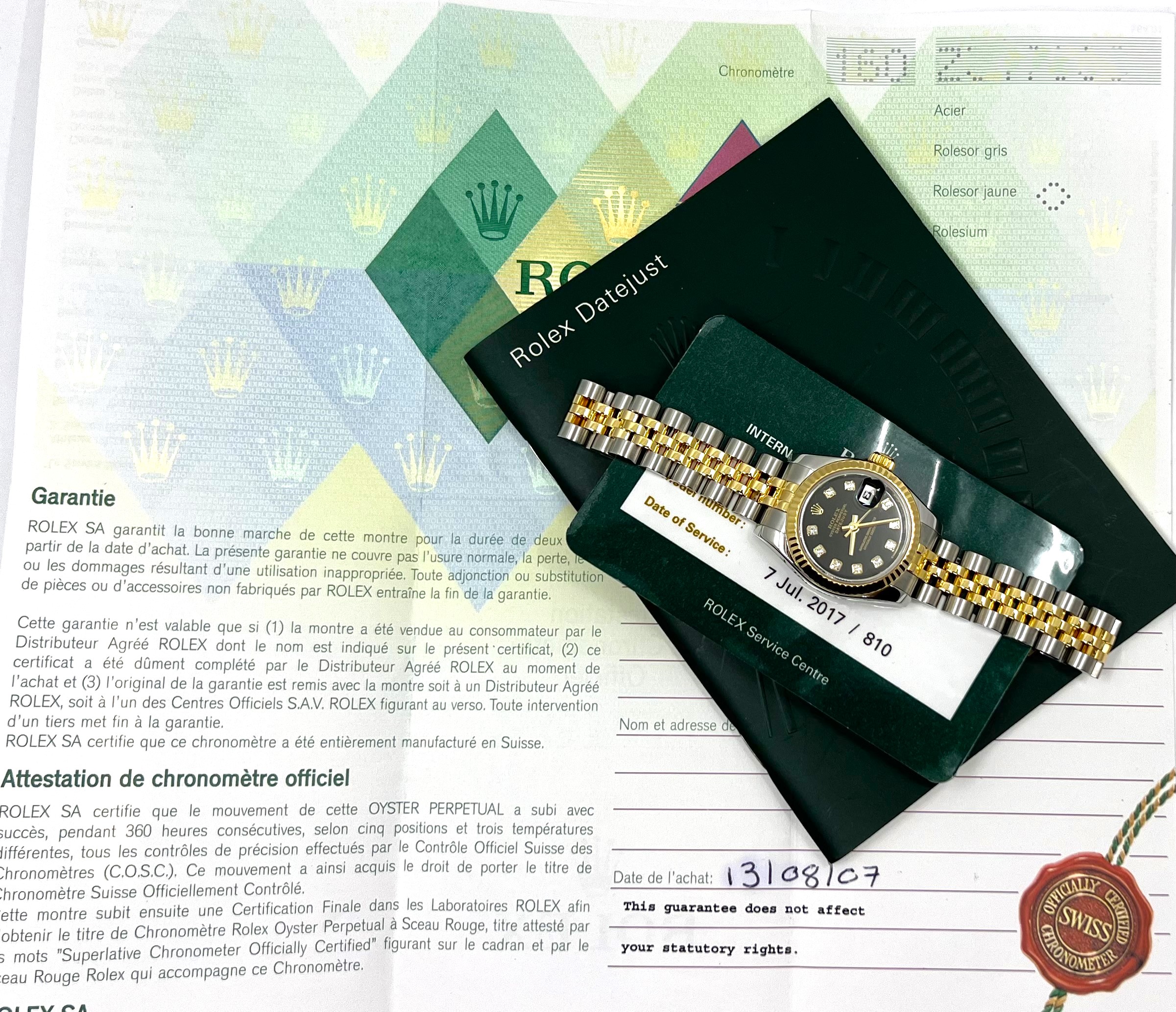 Rolex Lady Datejust 26, Stainless Steel & 18ct Yellow Gold, Black Factory Set Diamond Dial on Stainless Steel & 18ct Yellow Gold Rolex Jubilee Bracelet, Ref. 179713, Circa: 2007, with Box, Books, Rolex Warranty Certificate & Rolex Service Card Dated July 2017 - Image 7