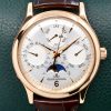 Jaeger LeCoultre Master Ultra Thin Perpetual Calendar Automatic in 18ct Rose gold, silver index dial with subdials for day date, month, phases of the moon ,Year indicator on a JLC Alligator Strap and JLC Rose gold Deployant Clasp, with JLC Service Box & JLC Service Papers