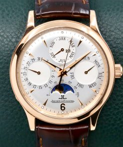 Jaeger LeCoultre Master Ultra Thin Perpetual Calendar Automatic in 18ct Rose gold, silver index dial with subdials for day date, month, phases of the moon ,Year indicator on a JLC Alligator Strap and JLC Rose gold Deployant Clasp, with JLC Service Box & JLC Service Papers