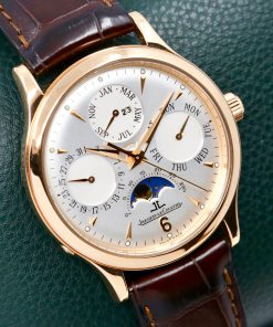 Alternative view of Jaeger LeCoultre Master Ultra Thin Perpetual Calendar Automatic in 18ct Rose gold, silver index dial with subdials for day date, month, phases of the moon ,Year indicator on a JLC Alligator Strap and JLC Rose gold Deployant Clasp, with JLC Service Box & JLC Service Papers