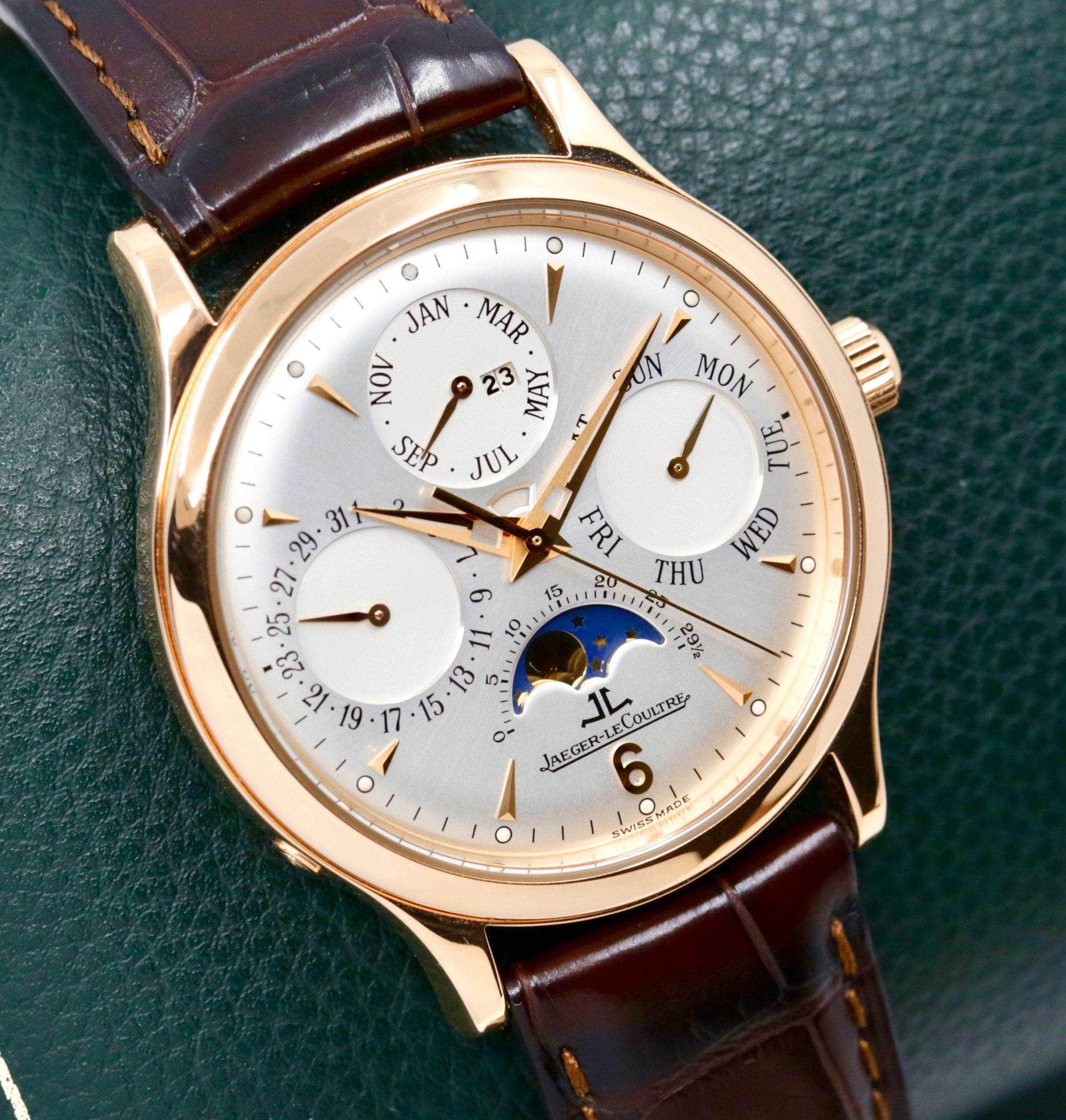 Jaeger LeCoultre Master Ultra Thin Perpetual Calendar Automatic in 18ct Rose gold, silver index dial with subdials for day date, month, phases of the moon ,Year indicator on a JLC Alligator Strap and JLC Rose gold Deployant Clasp, with JLC Service Box & JLC Service Papers - Image 2