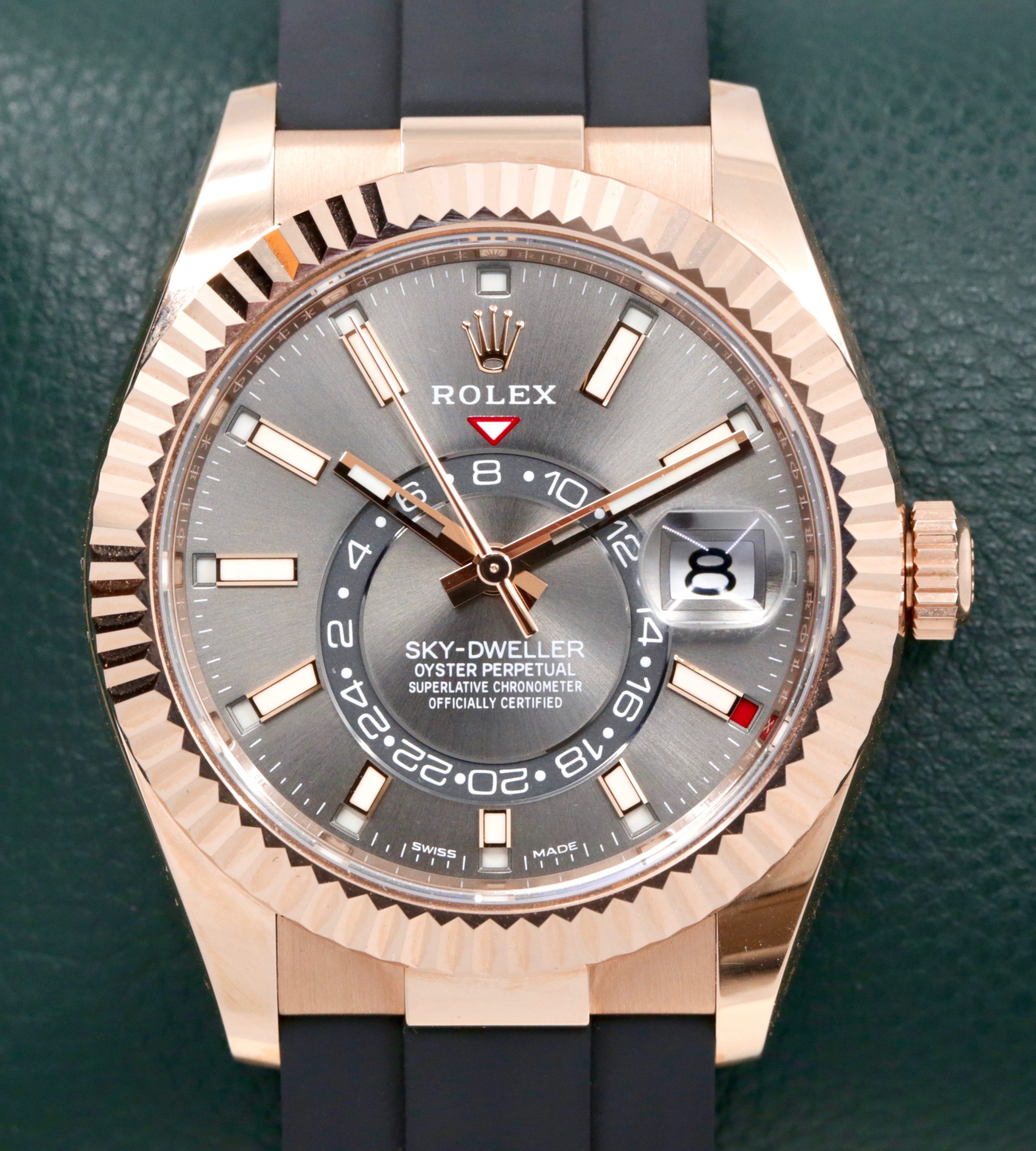Rolex Sky-Dweller, in 18ct Everose Gold, Slate Index Dial on Rolex Oysterflex Strap with 18ct Everose Gold Rolex Deployant, Ref. 326235, Circa: 2022, Complete with Box, Books, Rolex Warranty Card & Balance of 5 Year Rolex Factory Warranty