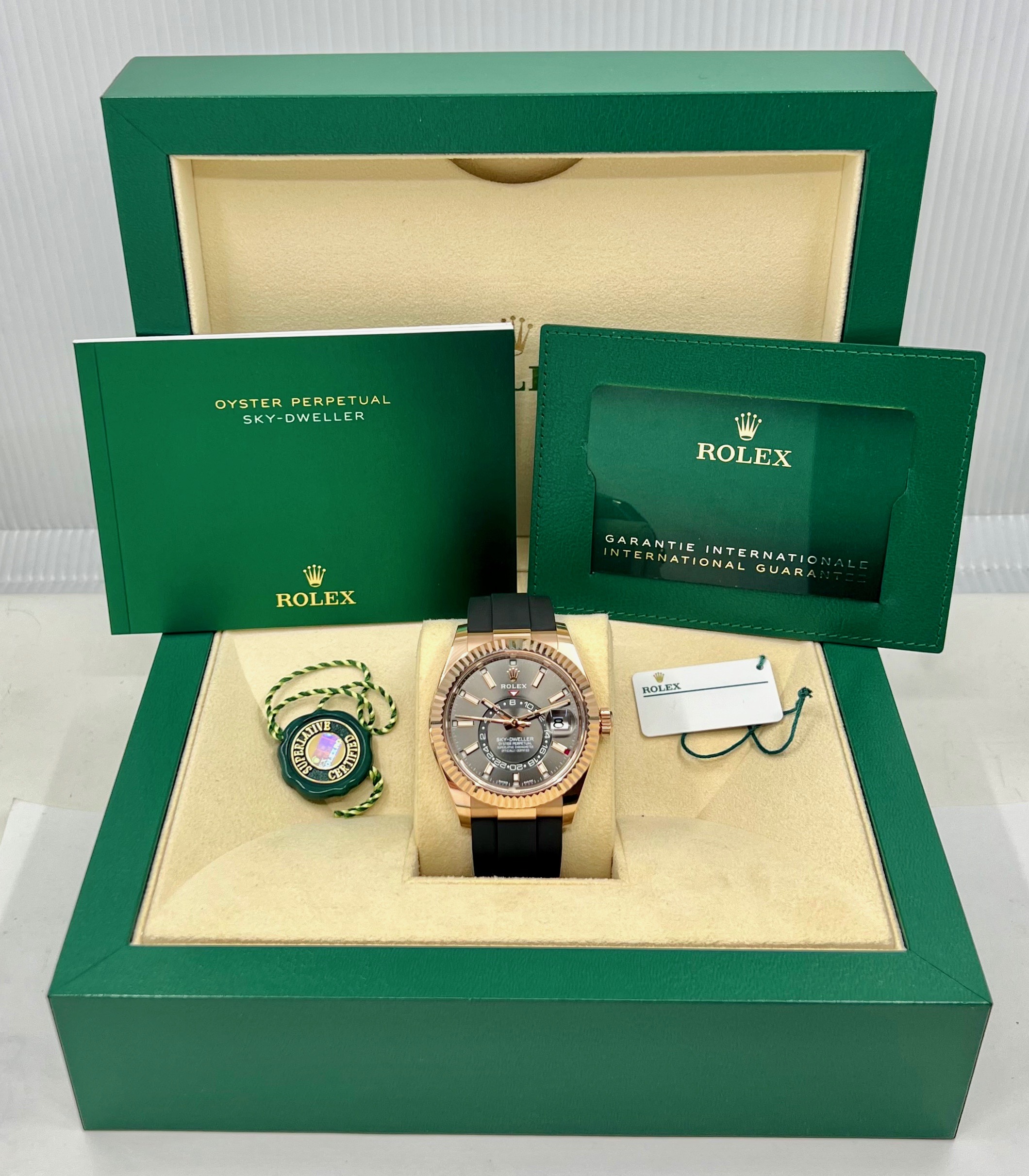 Rolex Sky-Dweller, in 18ct Everose Gold, Slate Index Dial on Rolex Oysterflex Strap with 18ct Everose Gold Rolex Deployant, Ref. 326235, Circa: 2022, Complete with Box, Books, Rolex Warranty Card & Balance of 5 Year Rolex Factory Warranty - Image 7