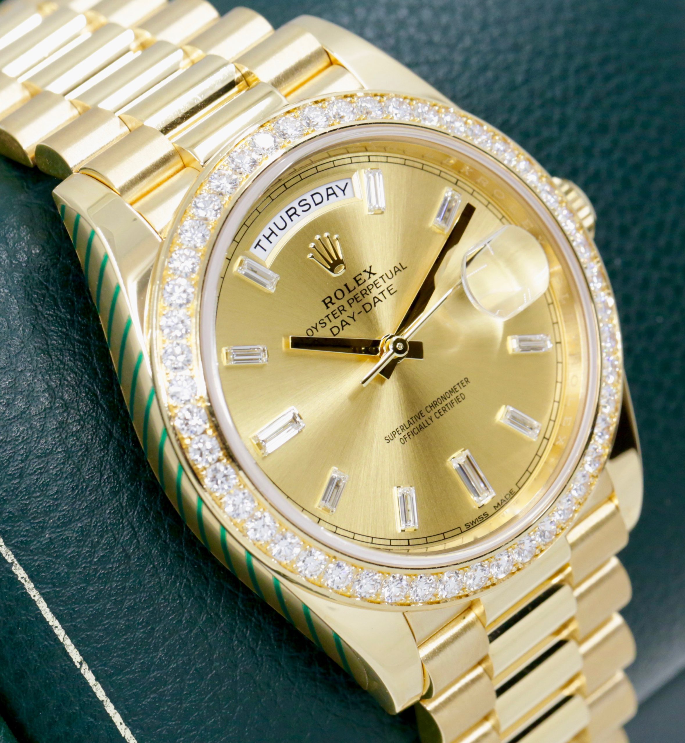Rolex Oyster Perpetual Day-Date 40 in 18ct Yellow Gold, Factory Set Champagne Baguette Dial with Factory Set Diamond Bezel on 18ct Yellow Gold President Bracelet, Ref. 228348RBR, Circa: 2016, with Box, Book, Rolex Warranty Card & Balance of 2 Year Rolex Service Warranty - Image 3