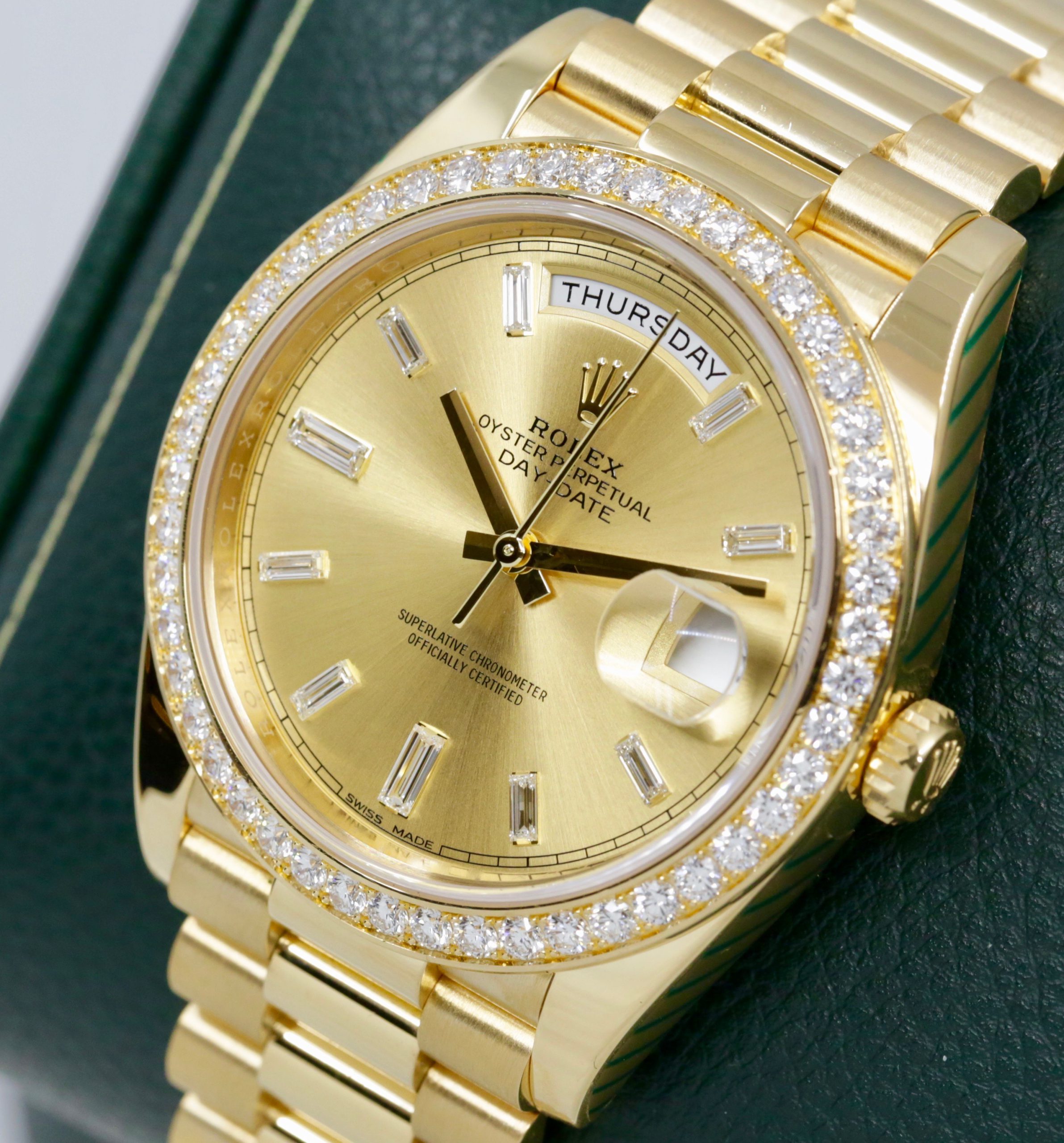 Rolex Oyster Perpetual Day-Date 40 in 18ct Yellow Gold, Factory Set Champagne Baguette Dial with Factory Set Diamond Bezel on 18ct Yellow Gold President Bracelet, Ref. 228348RBR, Circa: 2016, with Box, Book, Rolex Warranty Card & Balance of 2 Year Rolex Service Warranty - Image 2