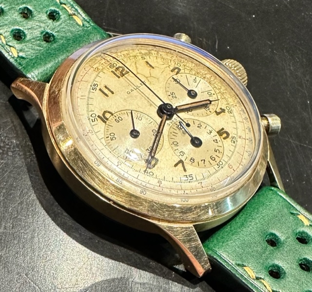 Gallet 3 register chronograph Ca 1960's 14ct yellow gold, manual winding. - Image 3