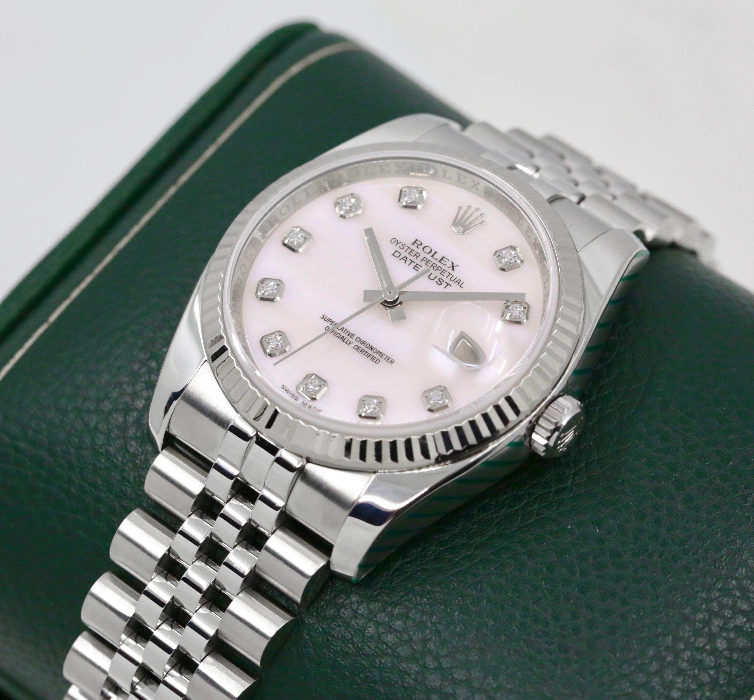 Rolex Oyster Perpetual Datejust ref 116234, 36mm stainless steel with white gold bezel, mother of pearl diamond dial, Jubilee bracelet, just back from Rolex service centre. - Image 4
