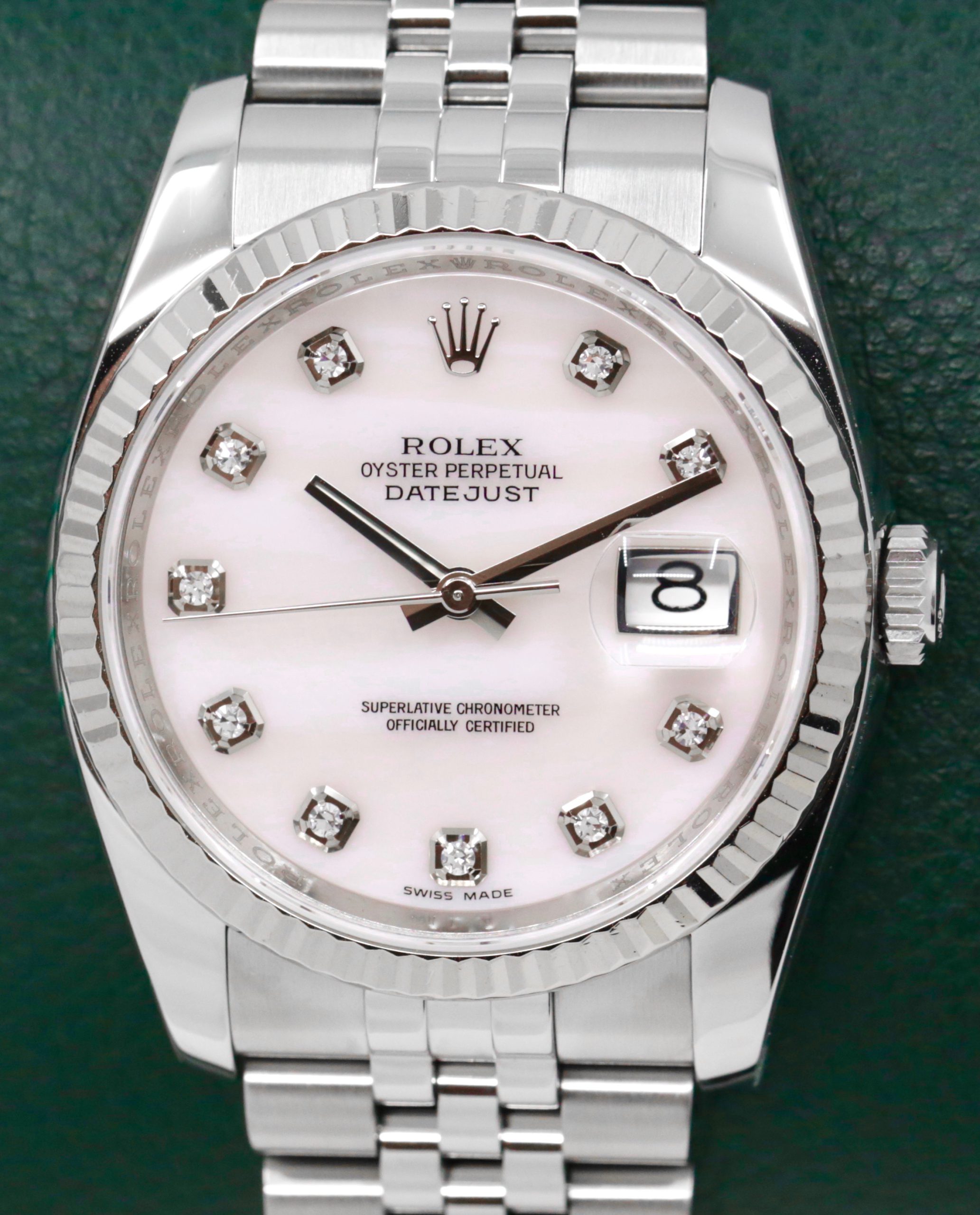 Rolex Oyster Perpetual Datejust ref 116234, 36mm stainless steel with white gold bezel, mother of pearl diamond dial, Jubilee bracelet, just back from Rolex service centre.