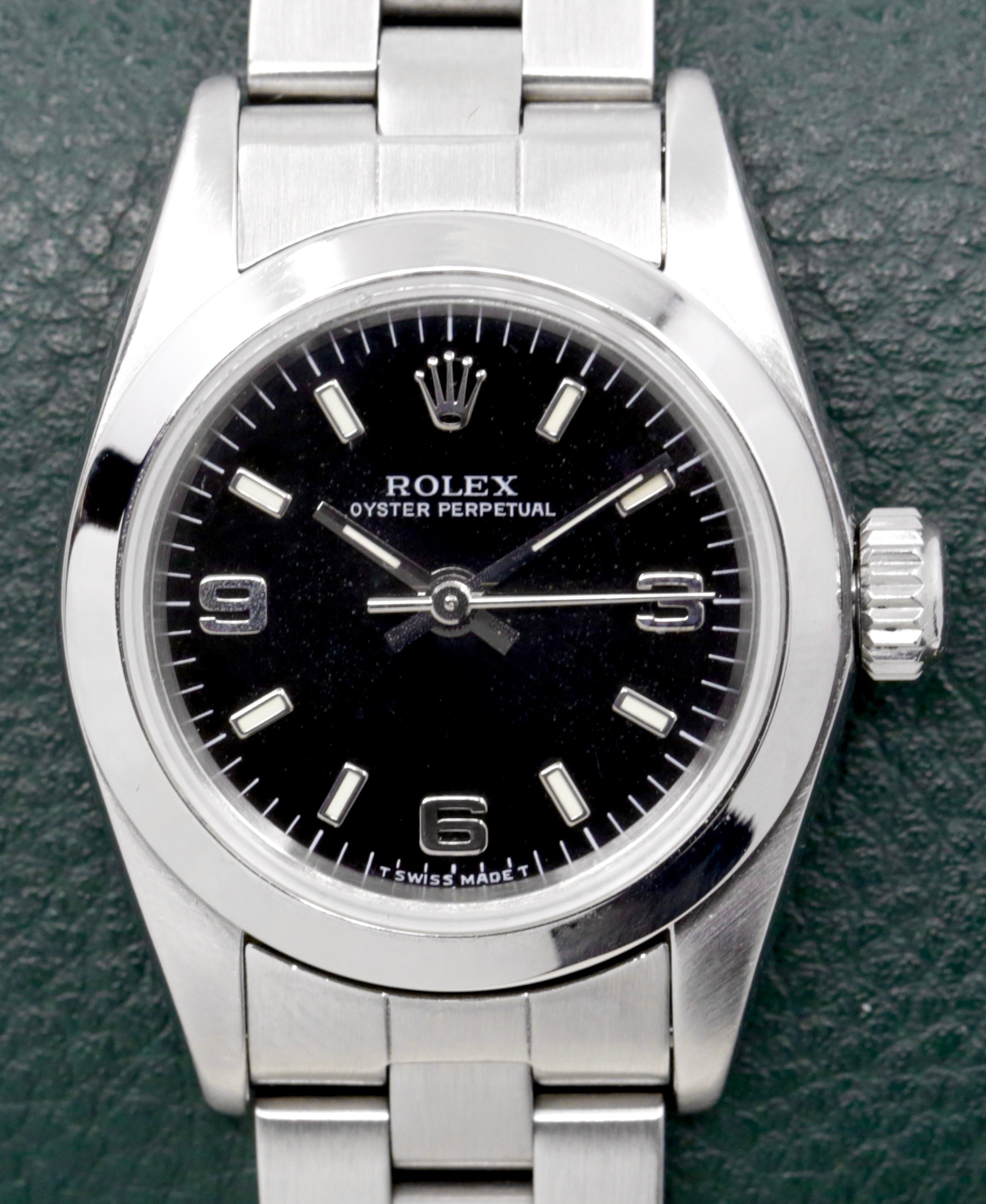 Rolex Lady Oyster Perpetual, 24mm, Stainless Steel, Black 3,6,9 Explorer Dial, on Stainless Steel Rolex Oyster Bracelet, Ref. 67180, Circa: 1996, with Box & Books
