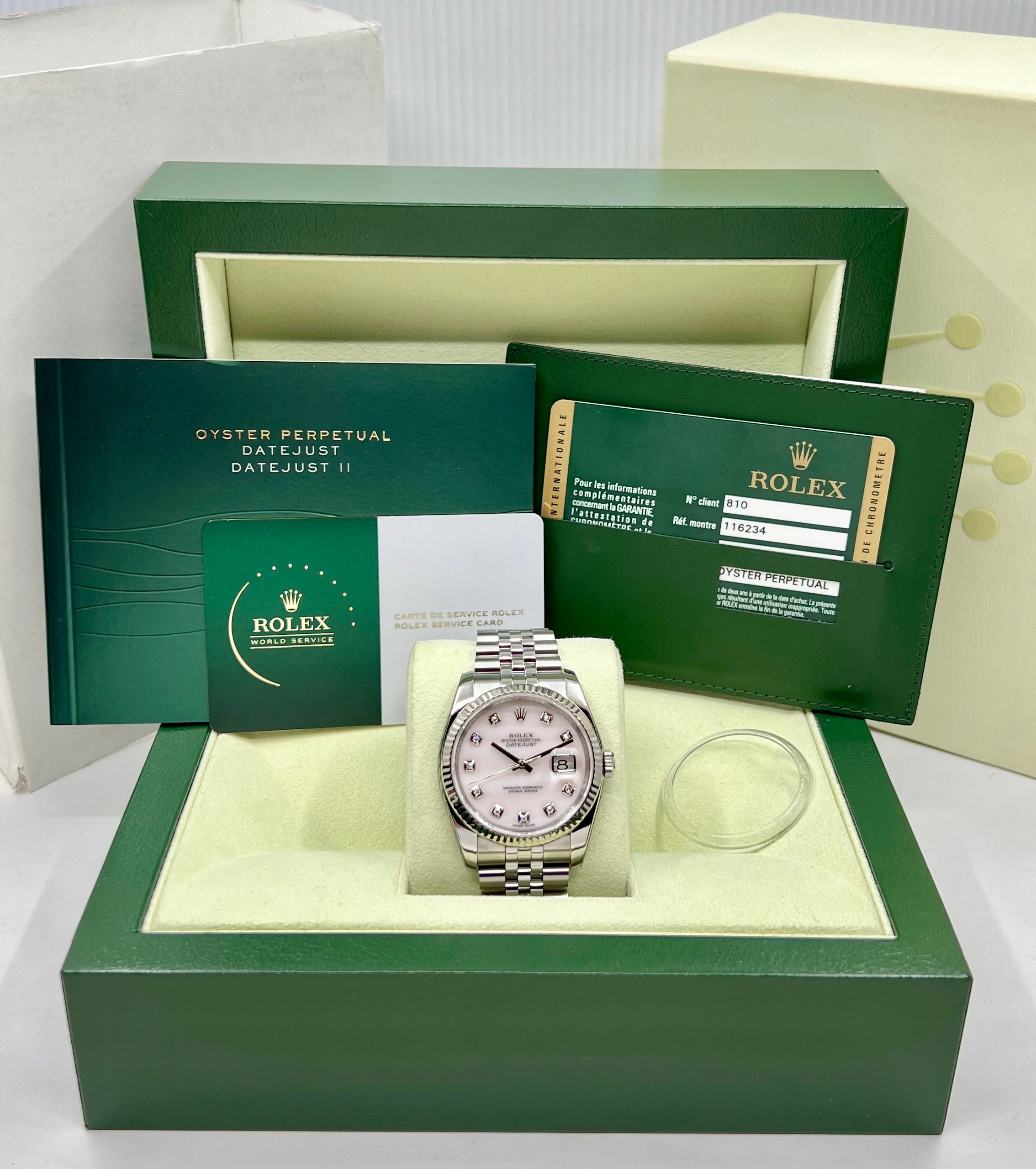 Rolex Oyster Perpetual Datejust ref 116234, 36mm stainless steel with white gold bezel, mother of pearl diamond dial, Jubilee bracelet, just back from Rolex service centre. - Image 7