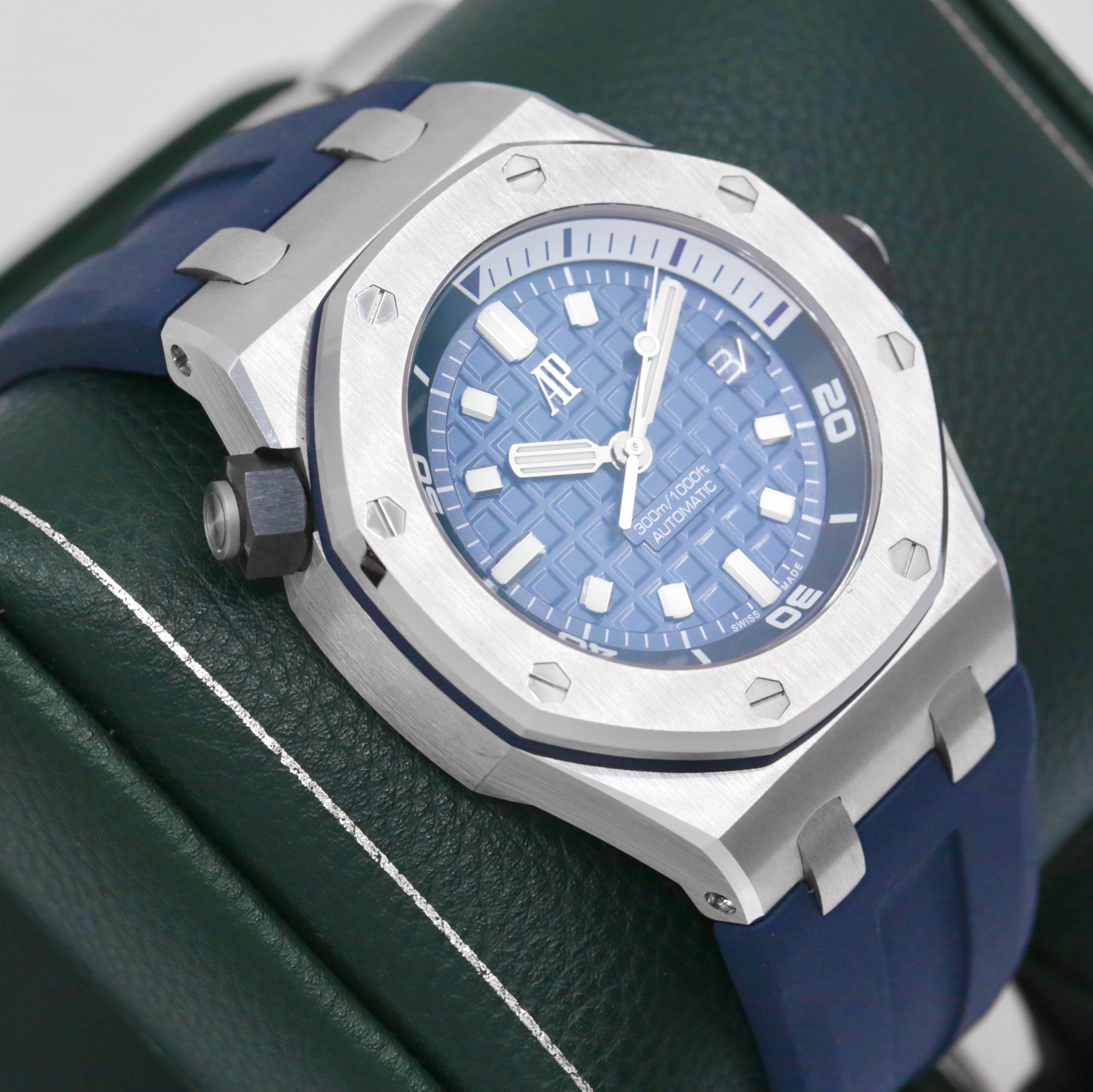 Audemars Piguet Royal Oak Offshore Diver, in Stainless Steel, Blue “Mega Tapisserie” Dial, on Blue Audemars Piguet Rubber Strap on Stainless Steel Audemars Piguet Tang Buckle, Ref. 15720ST, Circa: 2023, with Box, Audemars Piguet Warranty & Balance of 2 Year Audemars Piguet Factory Warranty - Image 5