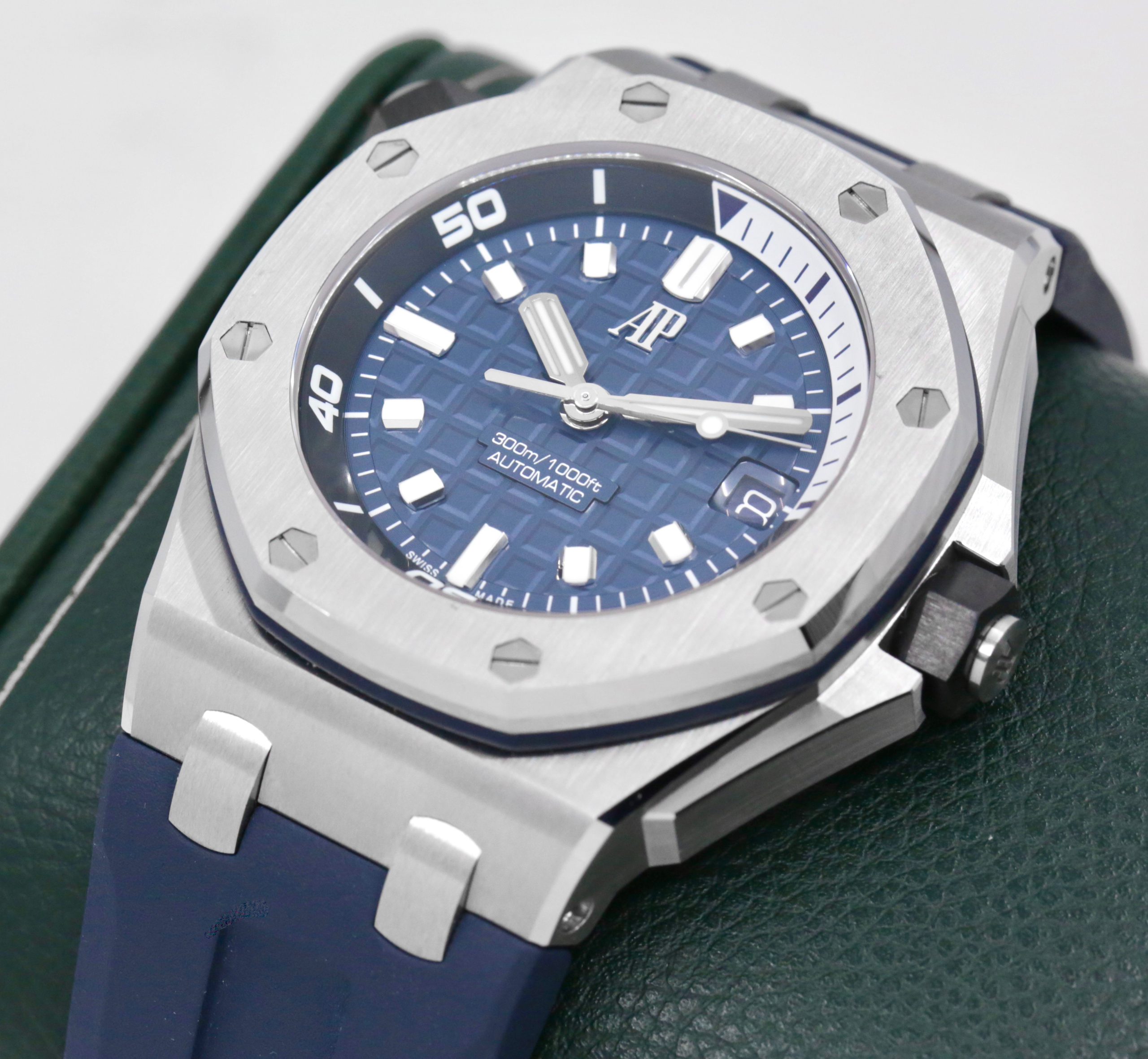 Audemars Piguet Royal Oak Offshore Diver, in Stainless Steel, Blue “Mega Tapisserie” Dial, on Blue Audemars Piguet Rubber Strap on Stainless Steel Audemars Piguet Tang Buckle, Ref. 15720ST, Circa: 2023, with Box, Audemars Piguet Warranty & Balance of 2 Year Audemars Piguet Factory Warranty - Image 3
