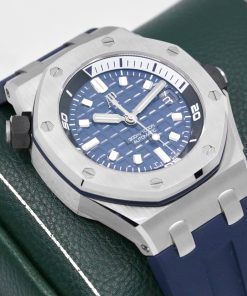 Alternative view of Audemars Piguet Royal Oak Offshore Diver, in Stainless Steel, Blue “Mega Tapisserie” Dial, on Blue Audemars Piguet Rubber Strap on Stainless Steel Audemars Piguet Tang Buckle, Ref. 15720ST, Circa: 2023, with Box, Audemars Piguet Warranty & Balance of 2 Year Audemars Piguet Factory Warranty