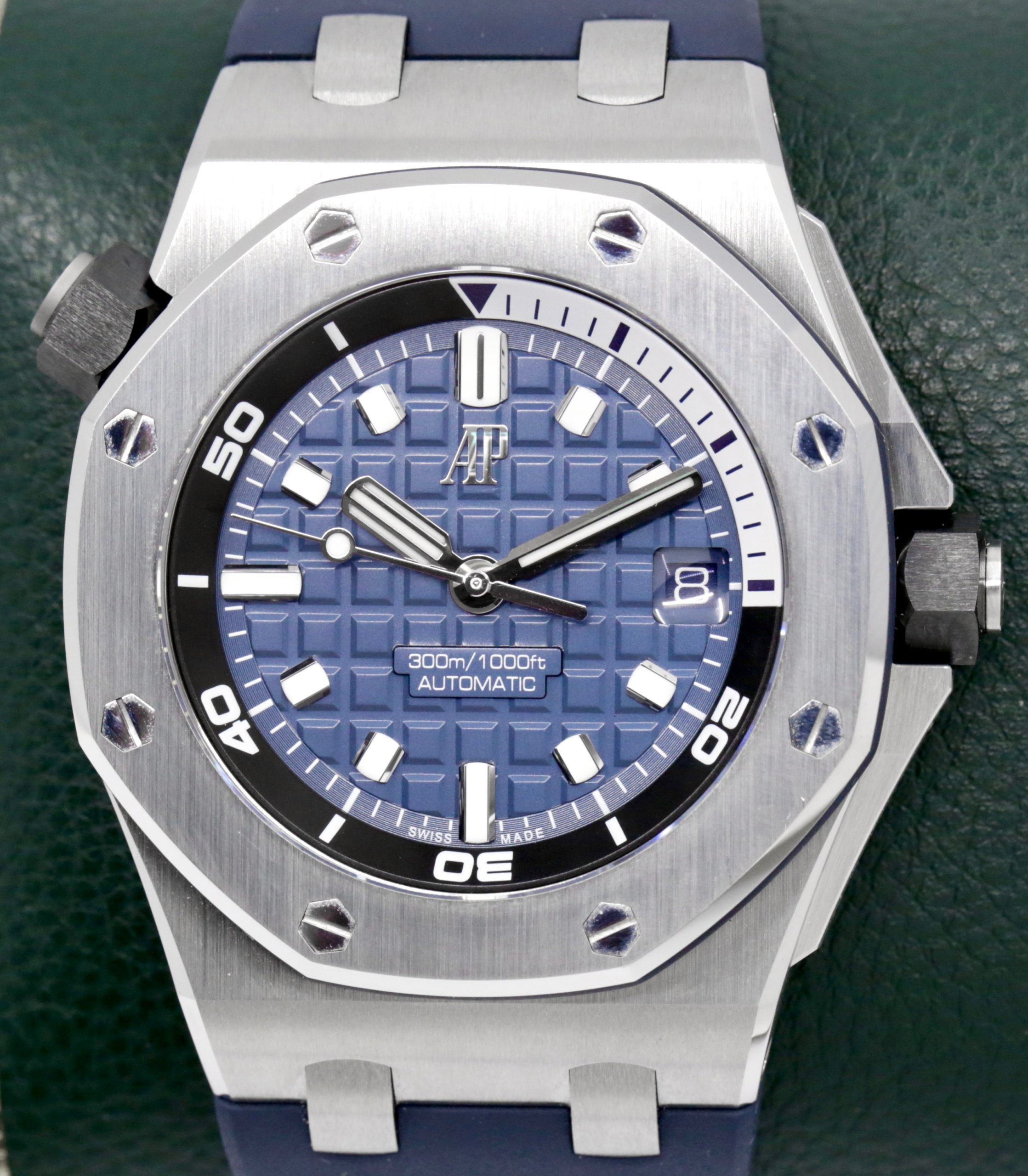 Audemars Piguet Royal Oak Offshore Diver, in Stainless Steel, Blue “Mega Tapisserie” Dial, on Blue Audemars Piguet Rubber Strap on Stainless Steel Audemars Piguet Tang Buckle, Ref. 15720ST, Circa: 2023, with Box, Audemars Piguet Warranty & Balance of 2 Year Audemars Piguet Factory Warranty