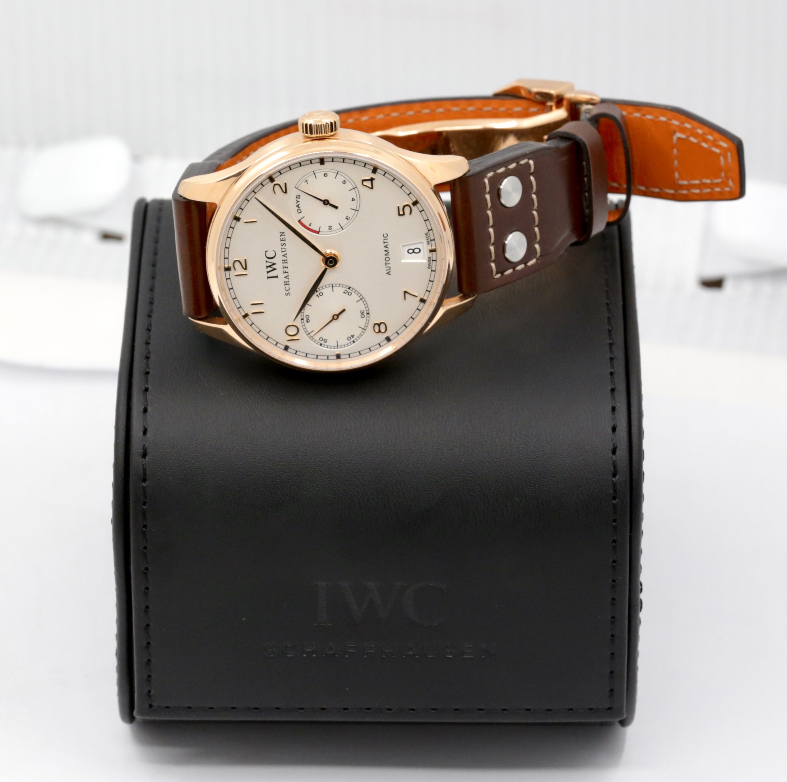 IWC Portugieser Automatic, in 18ct Rose Gold, Silver Arab Dial with Sub-Dials and Date, on Brown IWC Leather Strap with 18ct Rose Gold IWC Deployant, Ref. IW500701, with IWC Service Box & Balance of 1 Year IWC Service Warranty - Image 9