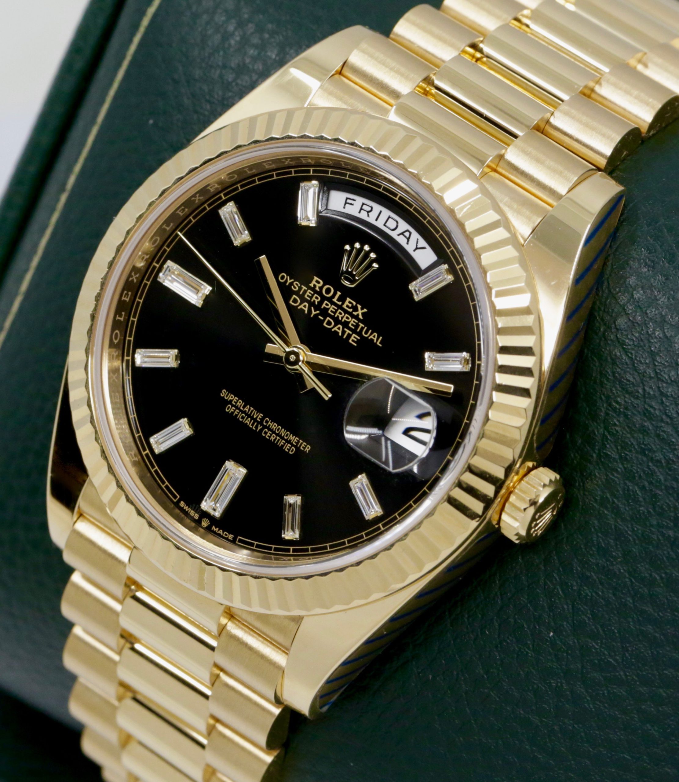 Rolex Day-Date 40, in 18ct Yellow Gold, Black Dial with Factory Set Baguette Diamond Hour Markers, on 18ct Yellow Gold Rolex President Bracelet, Ref. 228238, Circa: 2019, with Box, Books, Rolex Warranty Card, Rolex Service Card & Balance of 2 Year Rolex Service Warranty - Image 4