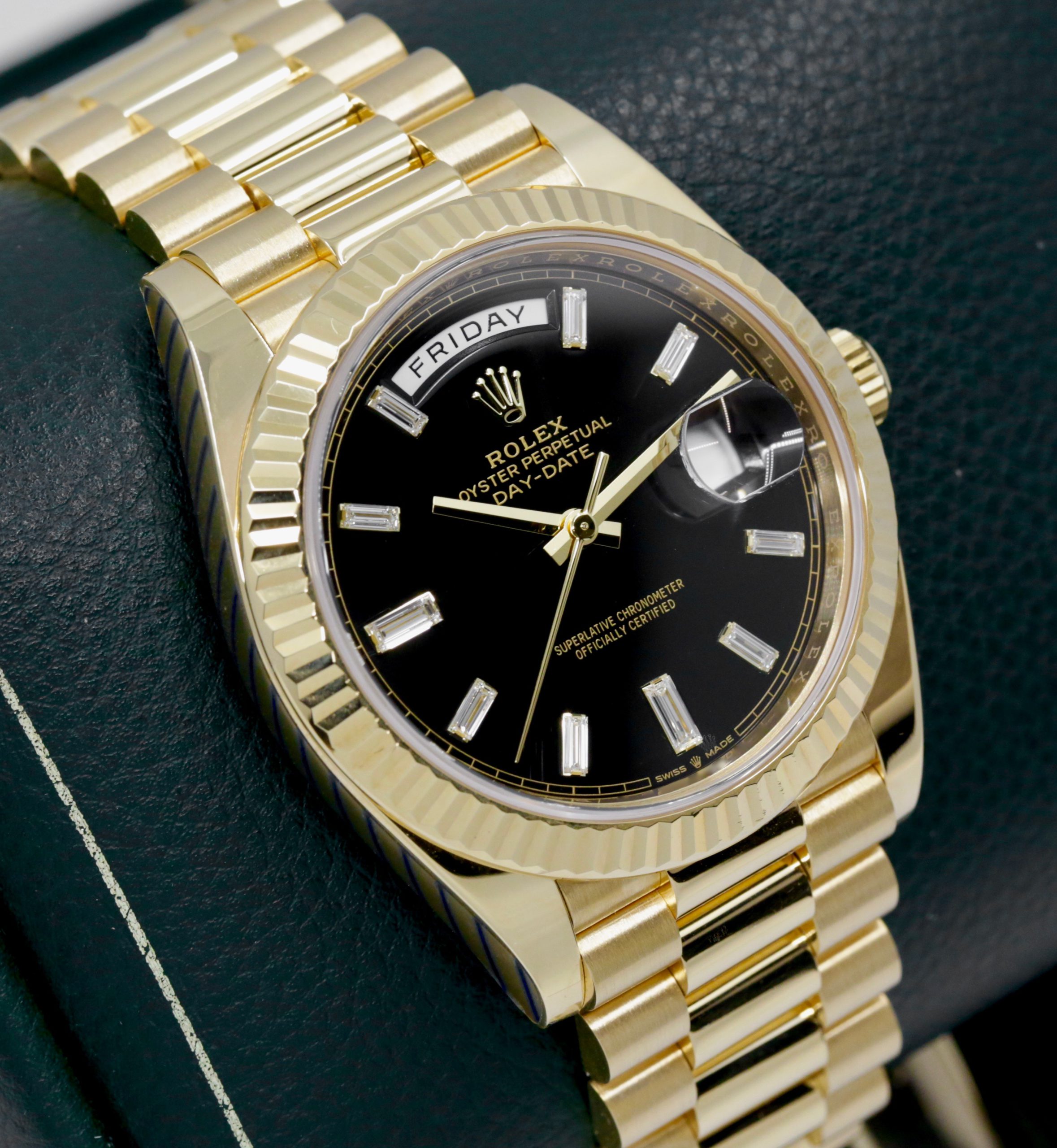 Rolex Day-Date 40, in 18ct Yellow Gold, Black Dial with Factory Set Baguette Diamond Hour Markers, on 18ct Yellow Gold Rolex President Bracelet, Ref. 228238, Circa: 2019, with Box, Books, Rolex Warranty Card, Rolex Service Card & Balance of 2 Year Rolex Service Warranty - Image 3
