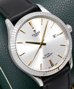 Alternative view of Tudor Style 41 in stainless steel, silver index dial with fluted bezel on a black Tudor leather band with a stainless steel deployant. Ref: 12710.  Complete with Box books and Tudor Warranty card Ca. 2023