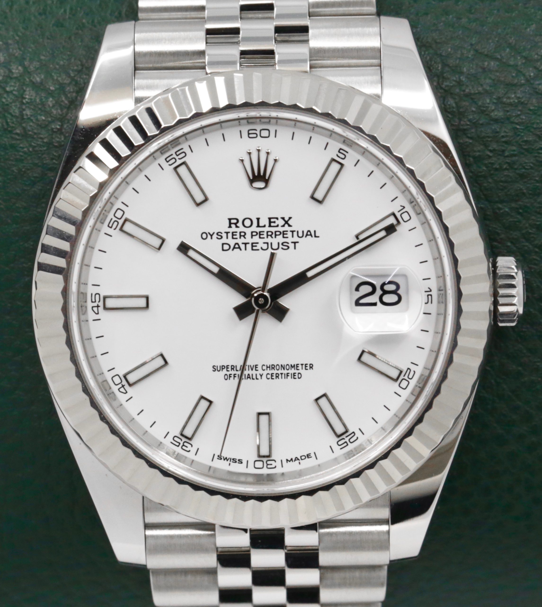 Rolex Datejust 41, in Stainless Steel, 18ct White Gold Fluted Bezel, White Index Dial, on Stainless Steel Rolex Jubilee Bracelet, Ref. 126334, Circa: 2017, Complete with Box, Books, Swing Tags & Rolex Warranty Card