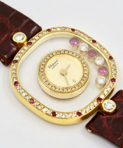 Chopard Happy Diamonds Ladies Watch, in 18ct Yellow Gold, Bezel Set with Diamonds & Rubies, 3 Floating Diamonds & 3 Rubies on Chopard Leather Strap, Ref. 5177, Circa: 2000's