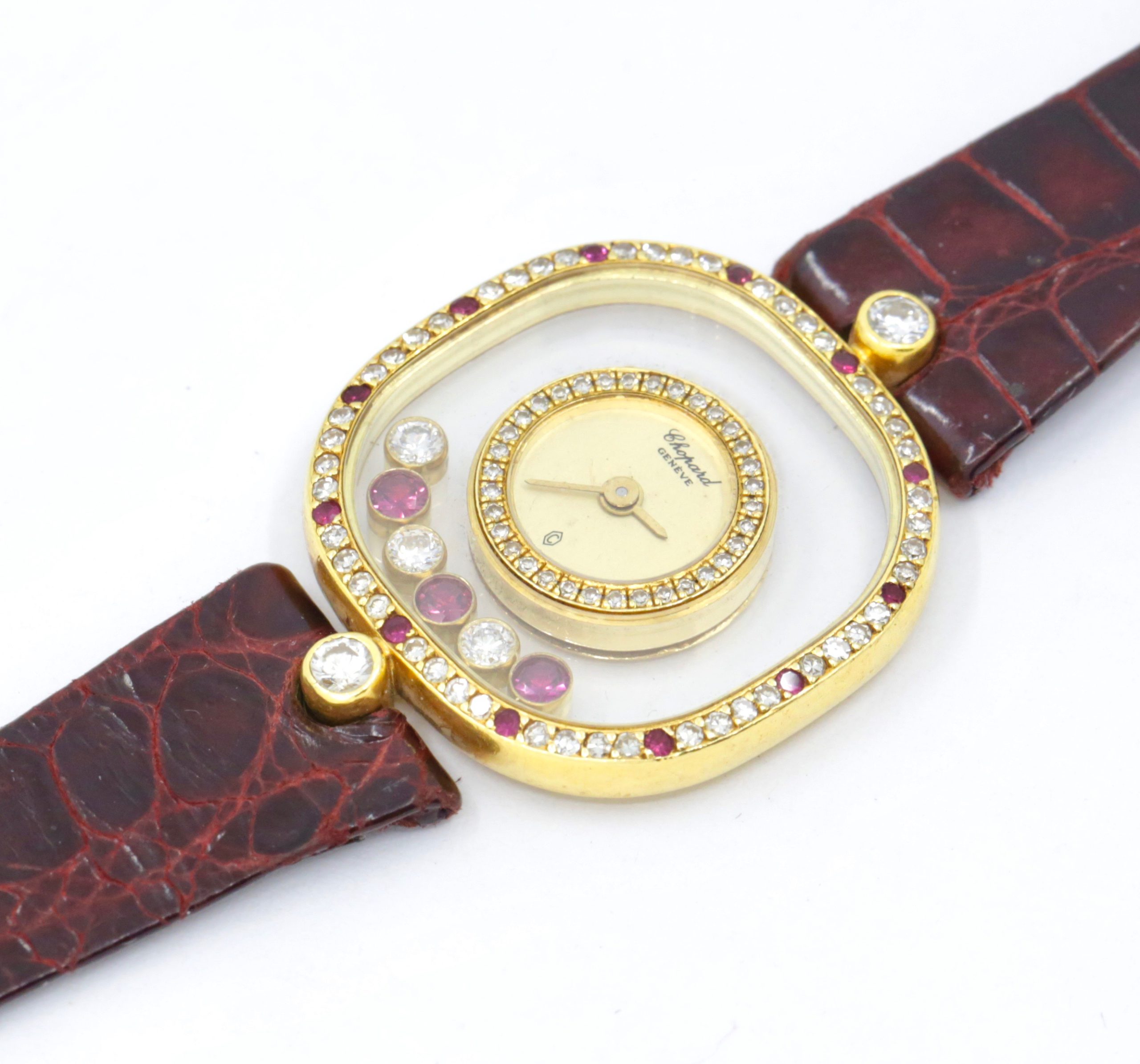 Chopard Happy Diamonds Ladies Watch, in 18ct Yellow Gold, Bezel Set with Diamonds & Rubies, 3 Floating Diamonds & 3 Rubies on Chopard Leather Strap, Ref. 5177, Circa: 2000's - Image 2