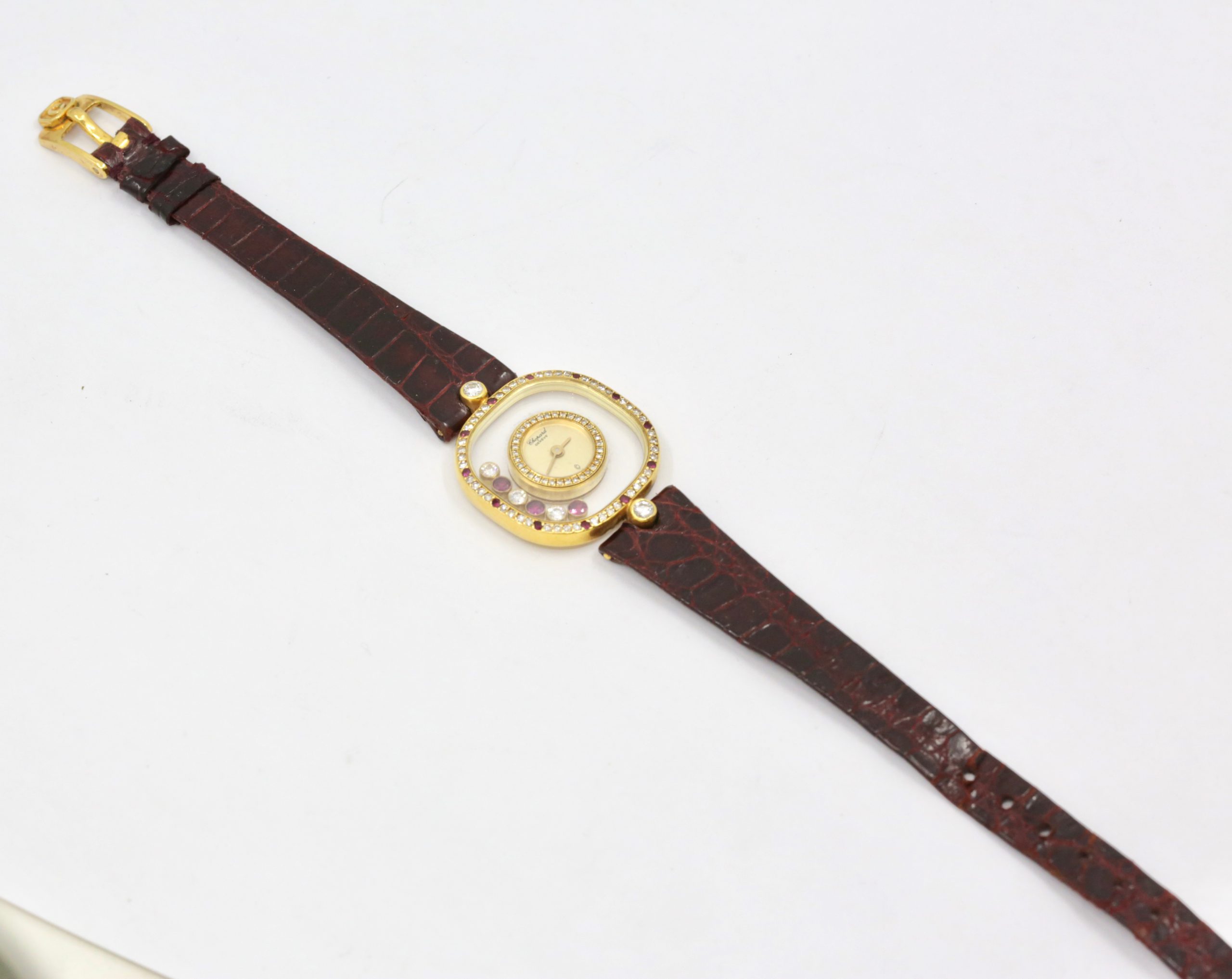 Chopard Happy Diamonds Ladies Watch, in 18ct Yellow Gold, Bezel Set with Diamonds & Rubies, 3 Floating Diamonds & 3 Rubies on Chopard Leather Strap, Ref. 5177, Circa: 2000's - Image 4