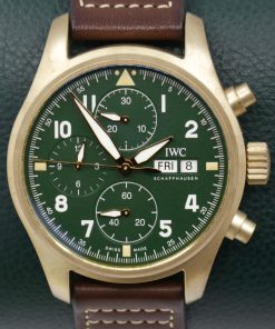 IWC International Watch Co Schaffhausen De Flieger chronograph bronze case, green dial, IW387902, sold new in October 2022.