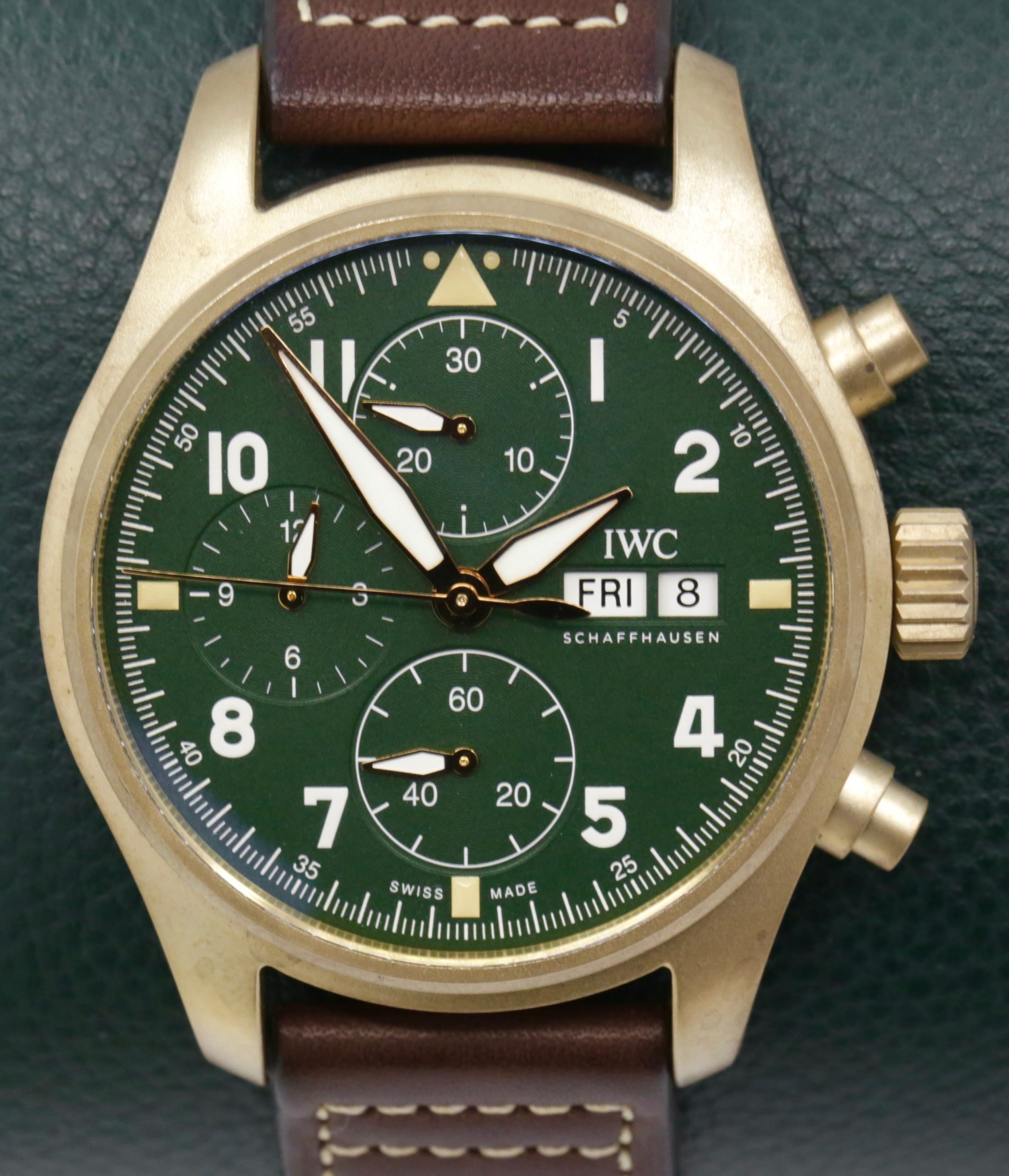 IWC International Watch Co Schaffhausen De Flieger chronograph bronze case, green dial, IW387902, sold new in October 2022.