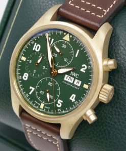 Alternative view of IWC International Watch Co Schaffhausen De Flieger chronograph bronze case, green dial, IW387902, sold new in October 2022.