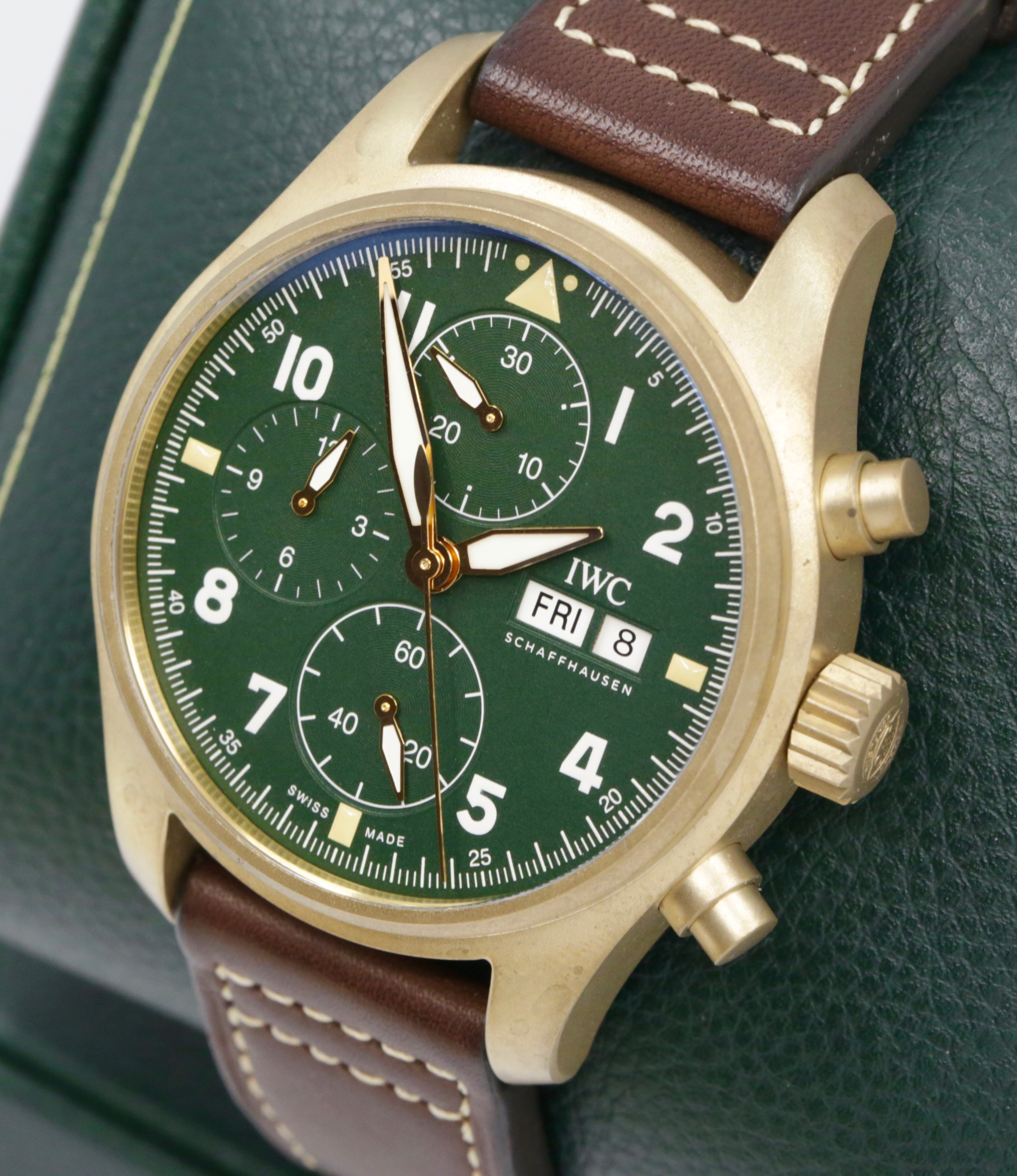 IWC International Watch Co Schaffhausen De Flieger chronograph bronze case, green dial, IW387902, sold new in October 2022. - Image 2