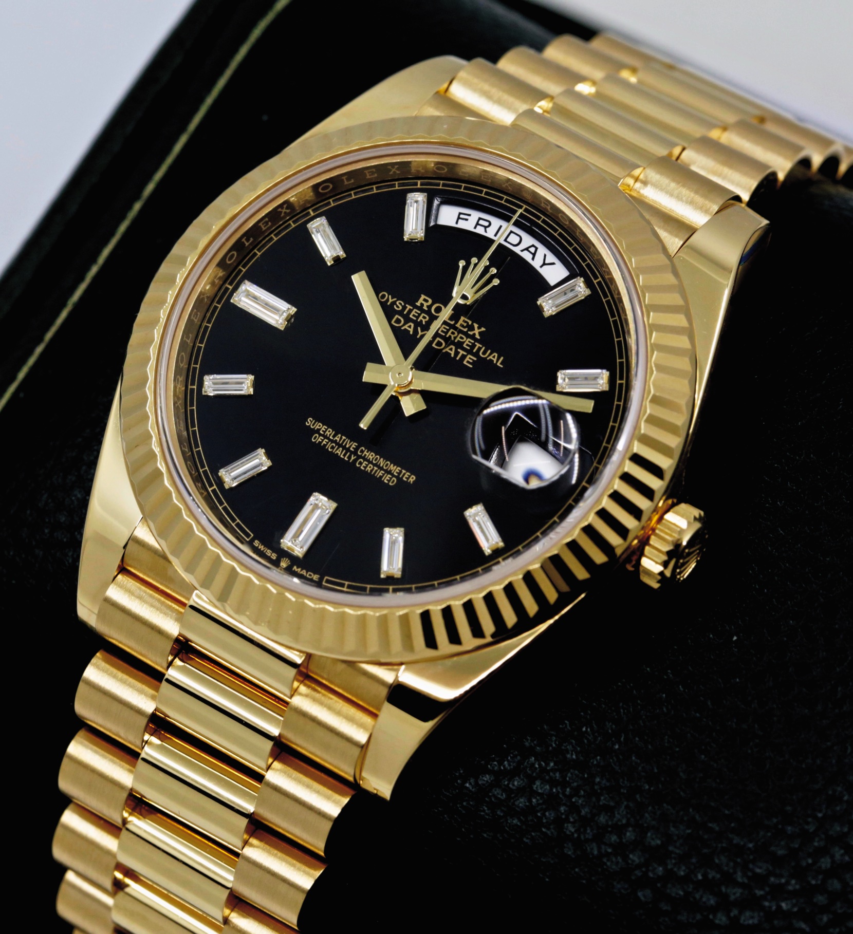Rolex Day-Date 40, in 18ct Yellow Gold, Black Dial with Factory Set Baguette Diamond Hour Markers, on 18ct Yellow Gold Rolex President Bracelet, Ref. 228238, Circa: 2019, with Box, Books, Rolex Warranty Card, Rolex Service Card & Balance of 2 Year Rolex Service Warranty - Image 2