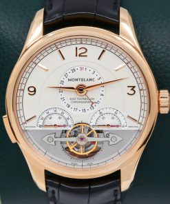 Montblanc Heritage Chronométrie ExoTourbillon Minute Chronograph in 18crt Rose gold, Ivory grainé and vertical satin-finished silver dial on a Montblanc strap and 18crt rose gold tang buckle. Ref: 112542. automatic Calibre MB R230
