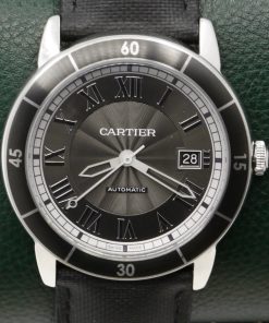 Cartier Ronde Croisière de Cartier, in Stainless Steel, Slate Grey Roman Dial, on Black Cartier Leather Strap with Stainless Steel Cartier Deployant, Ref. 3886, with Original Cartier Box