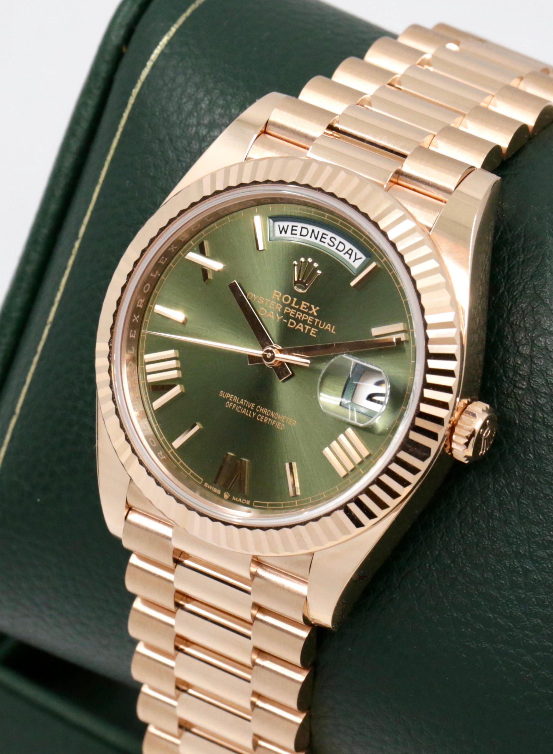 Rolex Day-Date 40, 18ct Everose Gold, Olive Roman Dial, on 18ct Everose Gold Rolex President Bracelet, Ref. 228235, Circa: 2023, with Box, Books, Swing Tag, Rolex Warranty Card & Balance of 5 Year Rolex Factory Warranty - Image 2