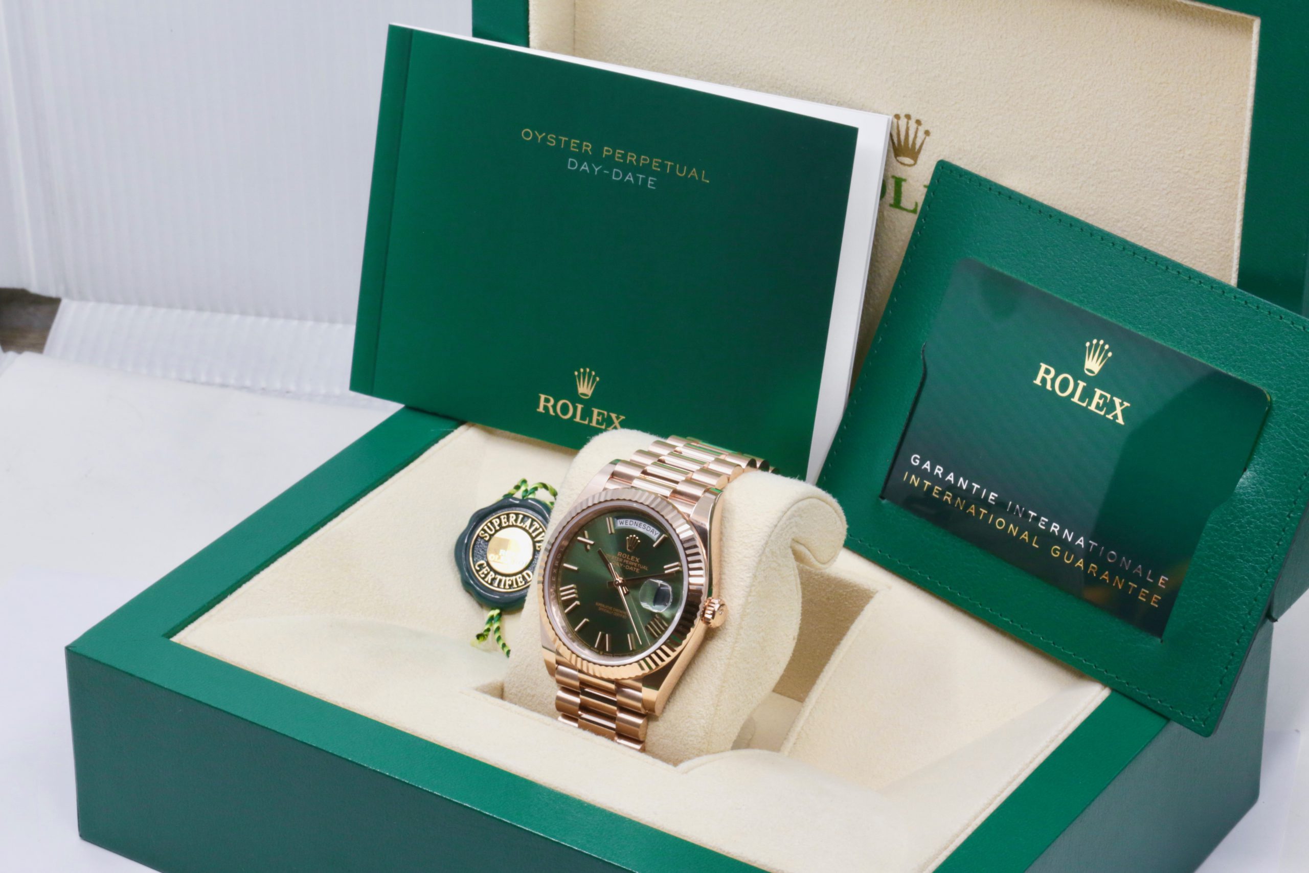 Rolex Day-Date 40, 18ct Everose Gold, Olive Roman Dial, on 18ct Everose Gold Rolex President Bracelet, Ref. 228235, Circa: 2023, with Box, Books, Swing Tag, Rolex Warranty Card & Balance of 5 Year Rolex Factory Warranty - Image 6