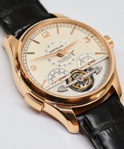 Alternative view of Montblanc Heritage Chronométrie ExoTourbillon Minute Chronograph in 18crt Rose gold, Ivory grainé and vertical satin-finished silver dial on a Montblanc strap and 18crt rose gold tang buckle. Ref: 112542. automatic Calibre MB R230