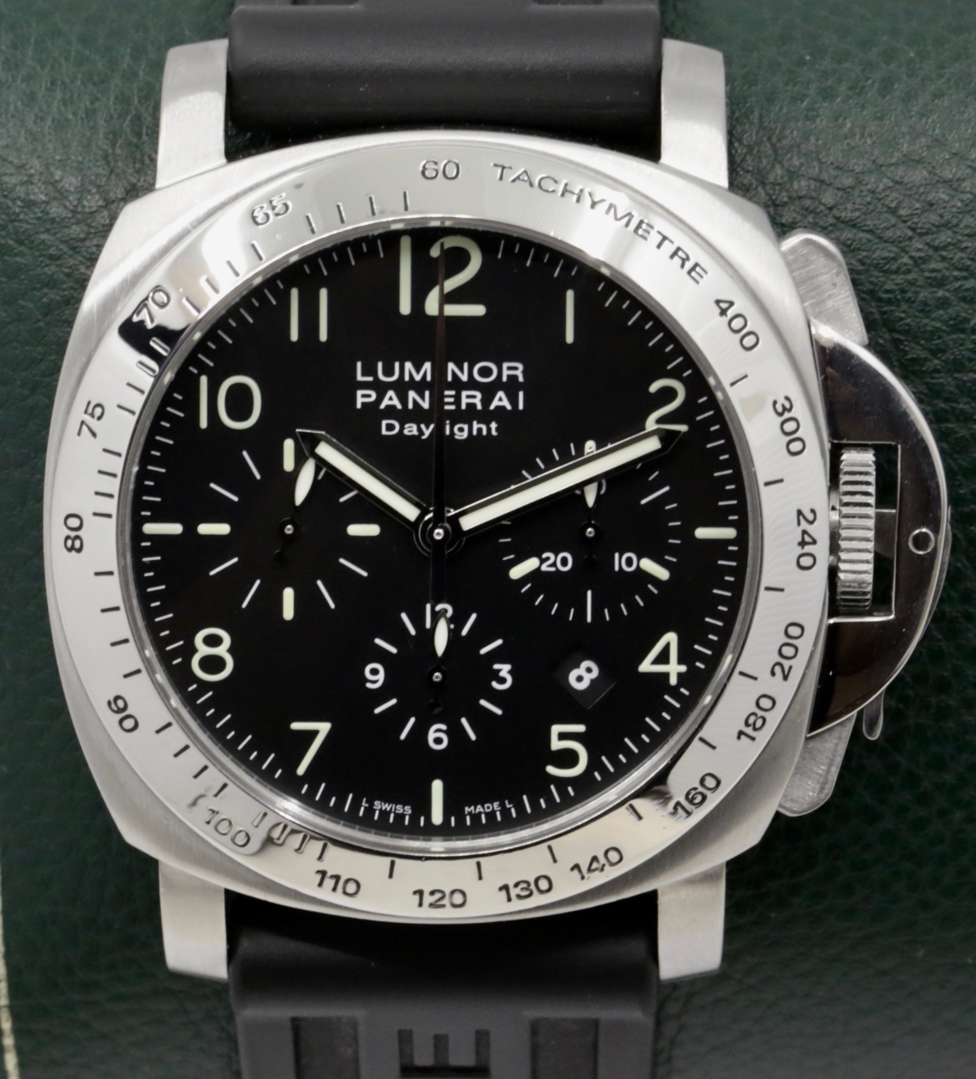 Panerai Luminor Chronograph Daylight in stainless steel, automatic self-winding Panerai OP XII (base on the Valjoux caliber 7753) chronograph movement. Ref# PAM00196 Ca. 2004 Box and Papers
