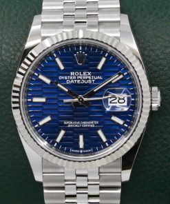 Rolex Datejust 36, Stainless Steel, Blue Fluted Motif Dial, 18ct White Gold Fluted Bezel on Stainless Steel Rolex Jubilee Bracelet, Ref. 126234, Circa: 2022, Complete with Box, Books, Swing Tags, Rolex Warranty Card & Balance of 5 Year Rolex Factory Warranty