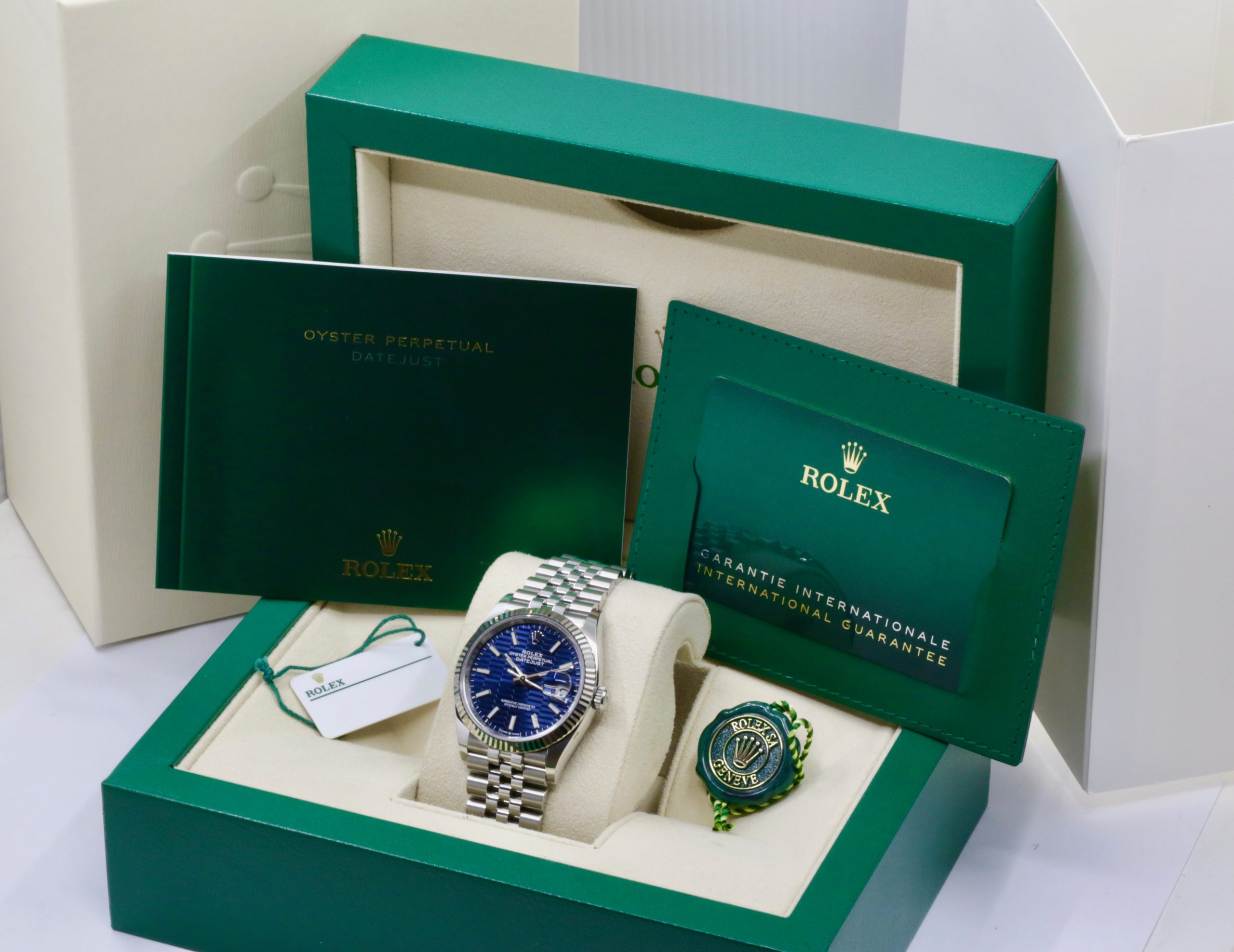 Rolex Datejust 36, Stainless Steel, Blue Fluted Motif Dial, 18ct White Gold Fluted Bezel on Stainless Steel Rolex Jubilee Bracelet, Ref. 126234, Circa: 2022, Complete with Box, Books, Swing Tags, Rolex Warranty Card & Balance of 5 Year Rolex Factory Warranty - Image 8