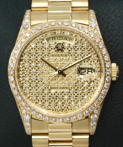 Rolex Day-Date, 18ct Yellow Gold, Pierced Factory Set 18ct Yellow Gold Pave Diamond Dial, Factory Set Diamond Bezel & Factory Set Diamonds on Lugs, on 18ct Yellow Gold Rolex President Bracelet, Ref. 18388, Circa: 1990, with Rolex Box, Rolex Service Card & Balance of 2 Year Rolex Service Warranty
