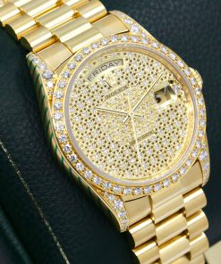 Alternative view of Rolex Day-Date, 18ct Yellow Gold, Pierced Factory Set 18ct Yellow Gold Pave Diamond Dial, Factory Set Diamond Bezel & Factory Set Diamonds on Lugs, on 18ct Yellow Gold Rolex President Bracelet, Ref. 18388, Circa: 1990, with Rolex Box, Rolex Service Card & Balance of 2 Year Rolex Service Warranty