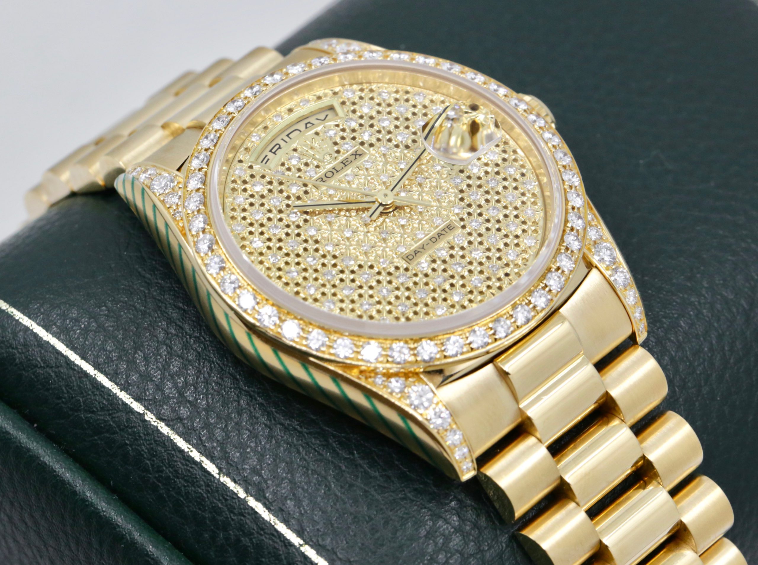 Rolex Day-Date, 18ct Yellow Gold, Pierced Factory Set 18ct Yellow Gold Pave Diamond Dial, Factory Set Diamond Bezel & Factory Set Diamonds on Lugs, on 18ct Yellow Gold Rolex President Bracelet, Ref. 18388, Circa: 1990, with Rolex Box, Rolex Service Card & Balance of 2 Year Rolex Service Warranty - Image 4