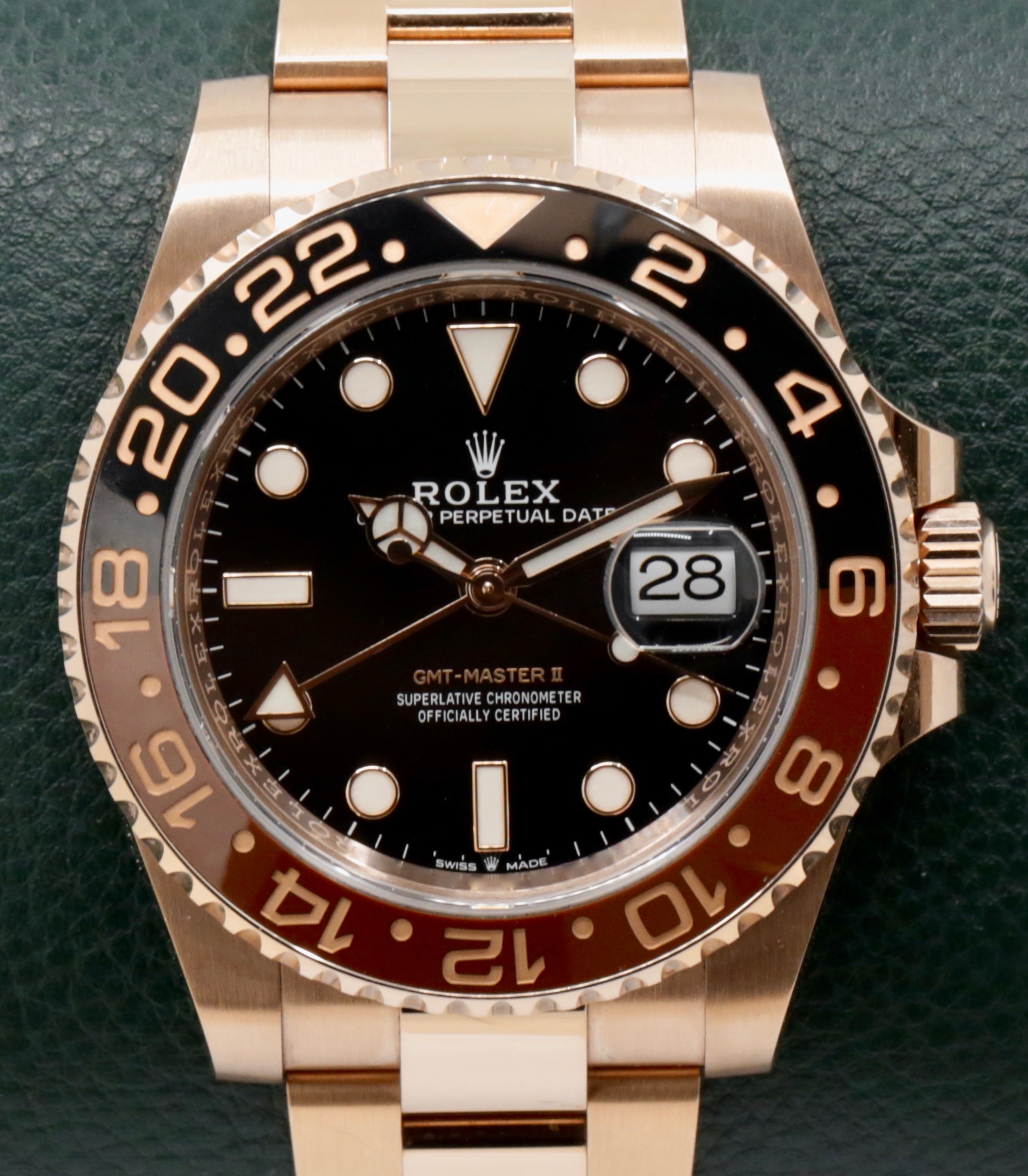 Rolex GMT-Master II “Root Beer”, in 18ct Everose Gold, Black & Brown Ceramic Bezel, Black Index Dial, on 18ct Everose Gold Rolex Oyster Bracelet, Ref. 126715CHNR, Circa: 2018, Complete with Box, Books, Swing Tags, Rolex Warranty Card