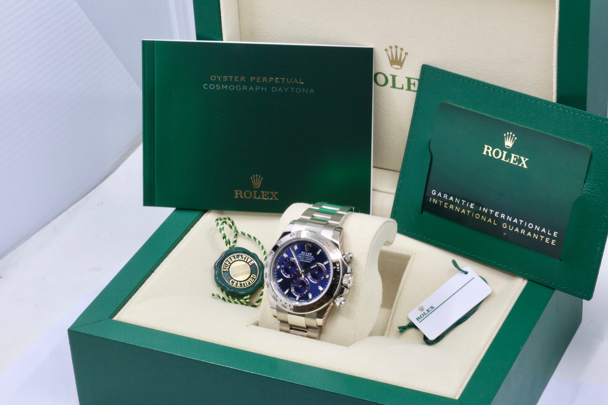 Rolex Cosmograph Daytona, in 18ct White Gold, Blue Index Dial, on 18ct White Gold Rolex Oyster Bracelet, Ref. 116509, , Circa: 2022, Complete with Box, Books, Rolex Warranty Card & Balance of 5 Year Rolex Factory Warranty - Image 7