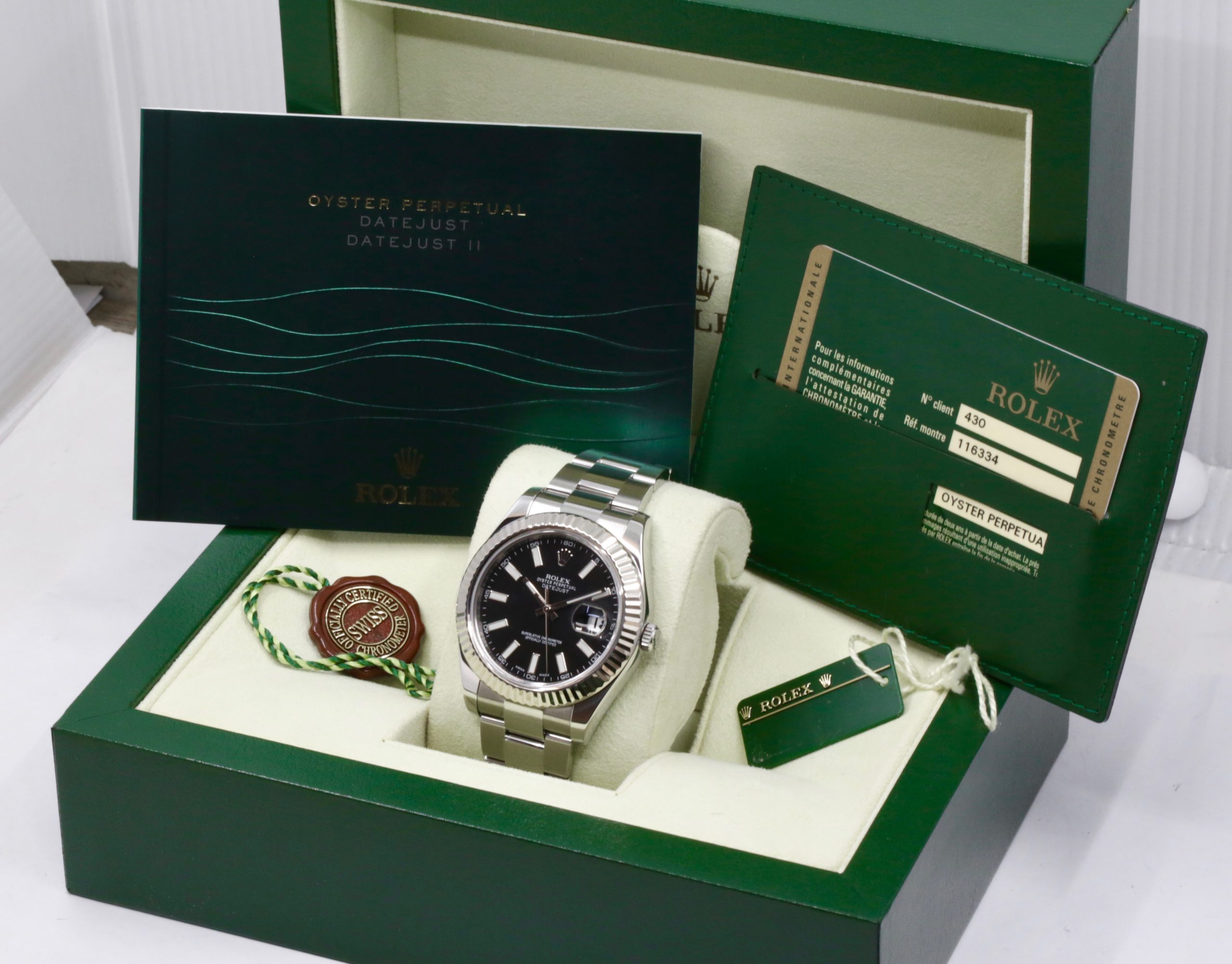 Rolex Oyster Perpetual Datejust II, 41mm, Stainless Steel, 18ct White Gold Fluted Bezel, Black Index Dial, on Stainless Steel Rolex Oyster Bracelet, Ref. 116334, Circa: 2013, with Box, Books, Swing Tags & Rolex Warranty Card - Image 6
