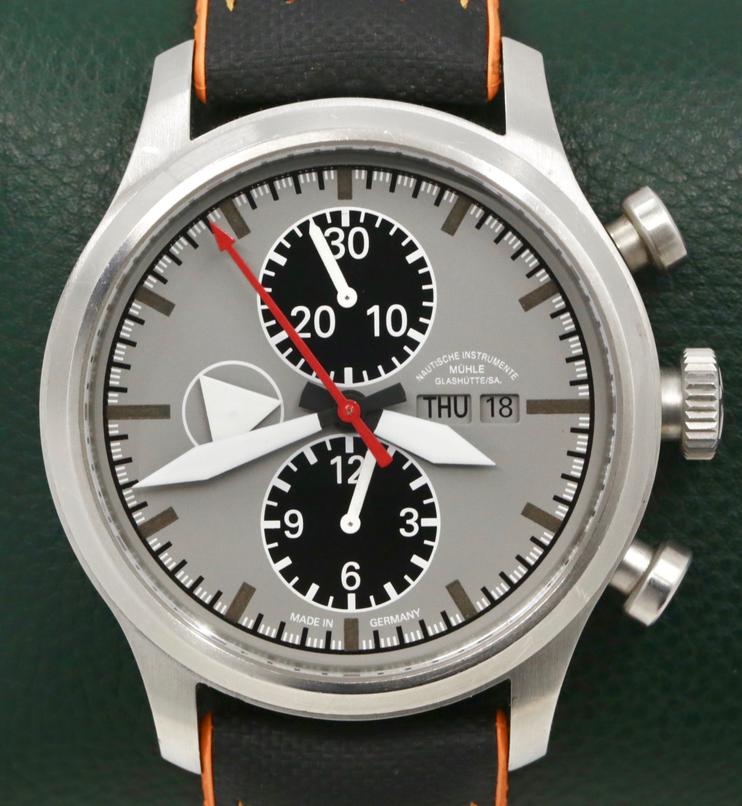Muhle Glashutte Terranaut 1 in Stainless Steel, Matt Gray dial with Black subdials, Orange & Black Strap with Tang buckle. Ref: M1.37.05.LB, Ca. 2013 Box, book and Warranty card