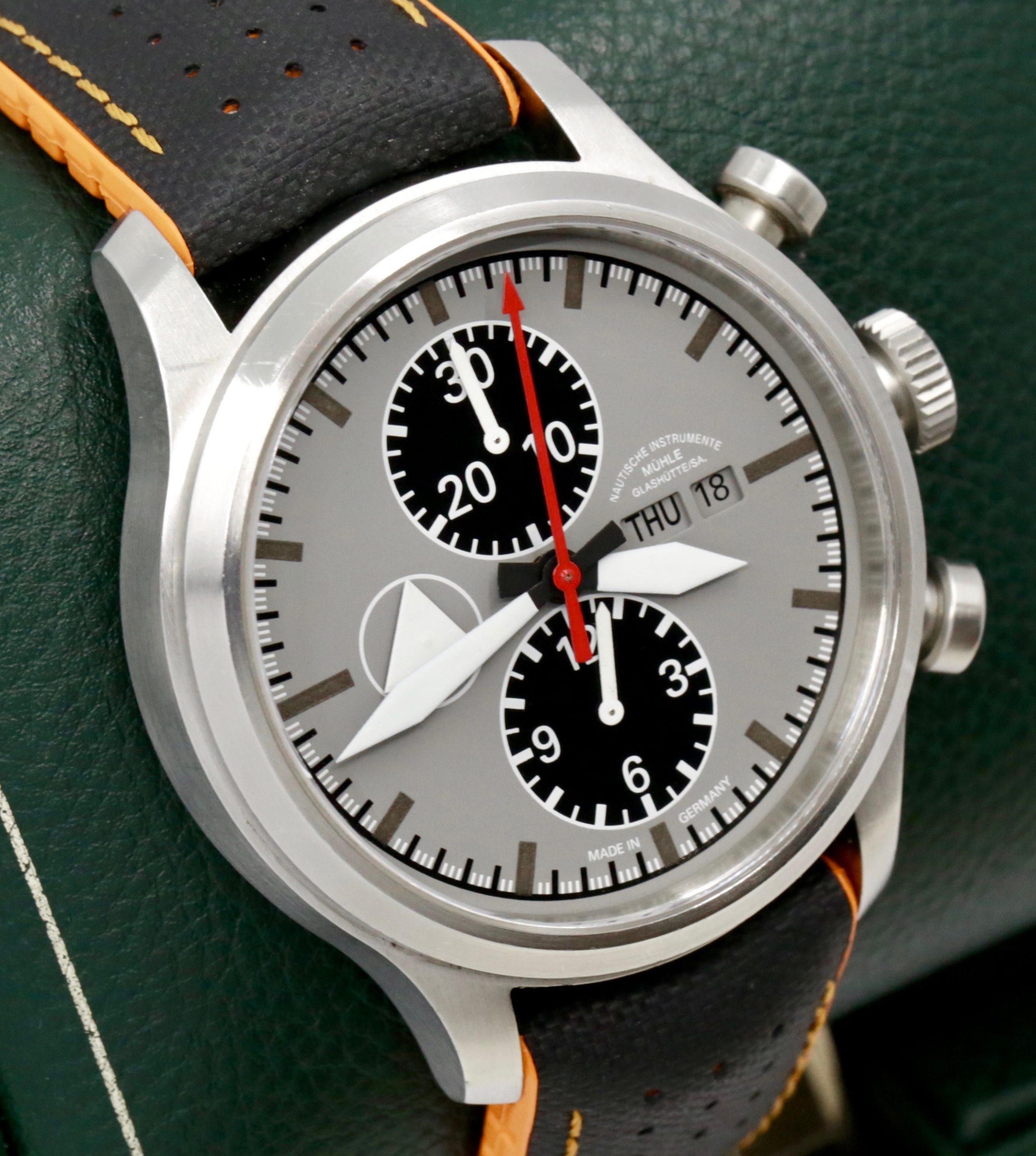 Muhle Glashutte Terranaut 1 in Stainless Steel, Matt Gray dial with Black subdials, Orange & Black Strap with Tang buckle. Ref: M1.37.05.LB, Ca. 2013 Box, book and Warranty card - Image 3